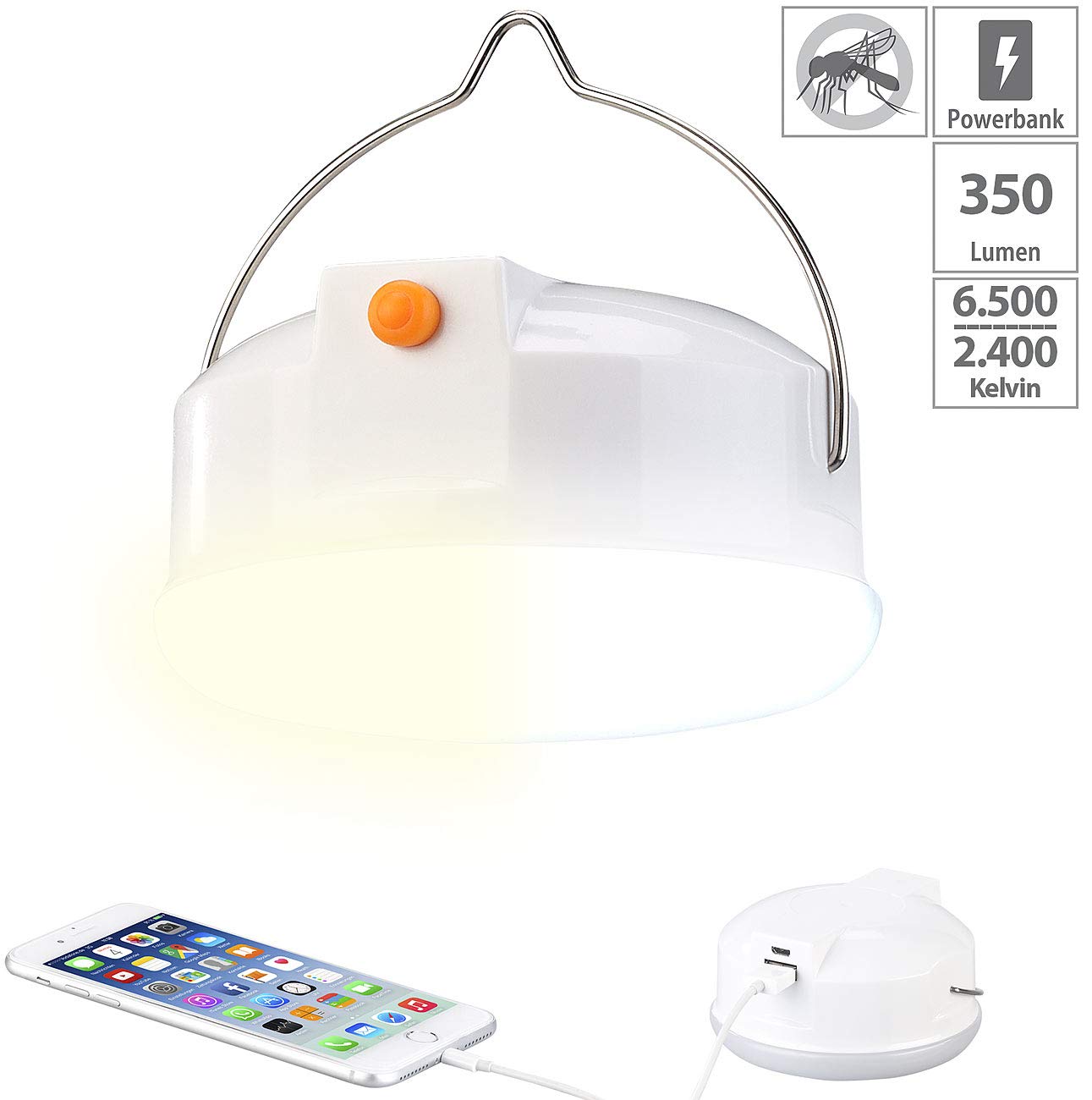 Lunartec Taschenlampen Campinglampe USB 3in1 Powerbank 6000mAh Mücken