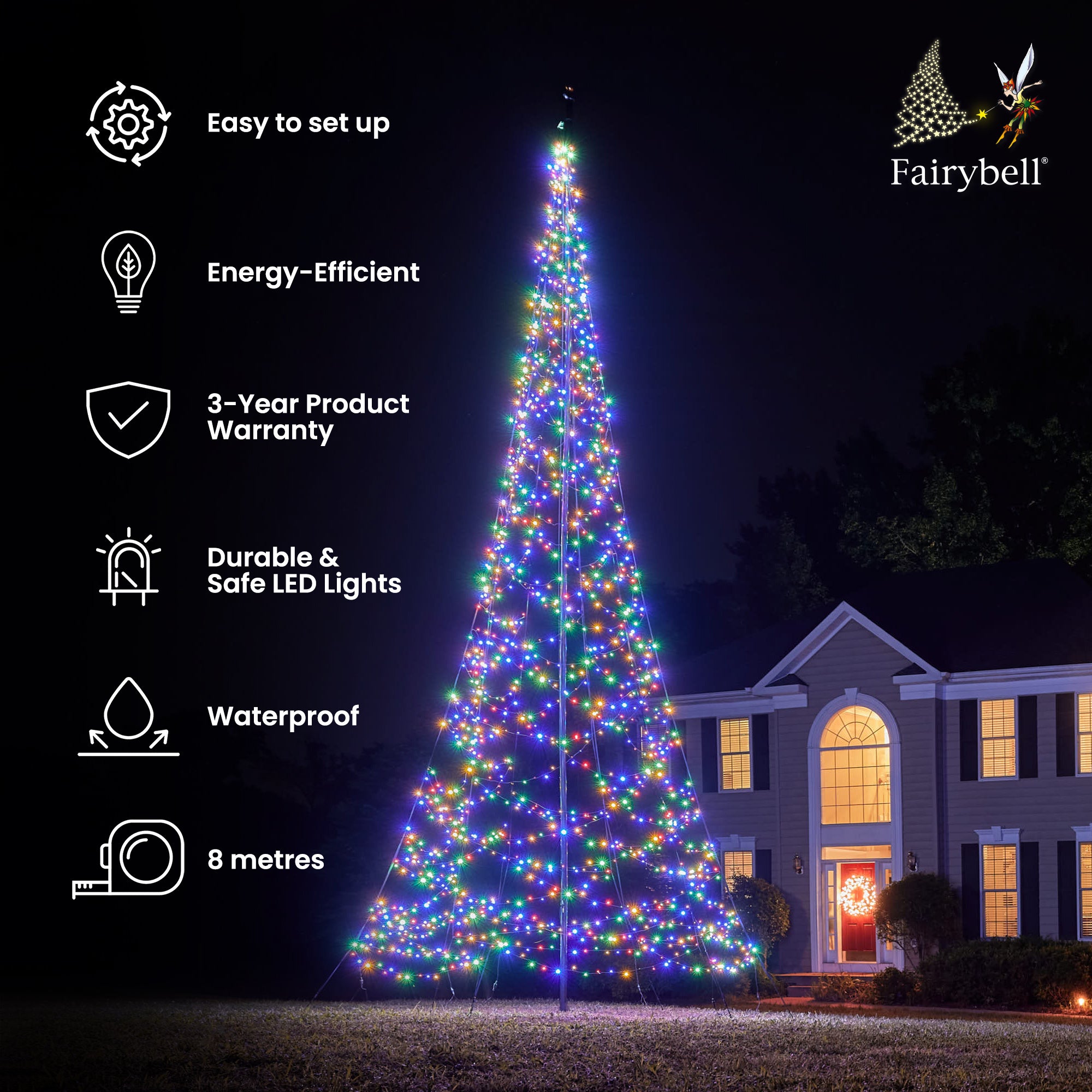 Fairybell Premium Fahnenmast-Weihnachtsbaum 8m 1500 LED bunt