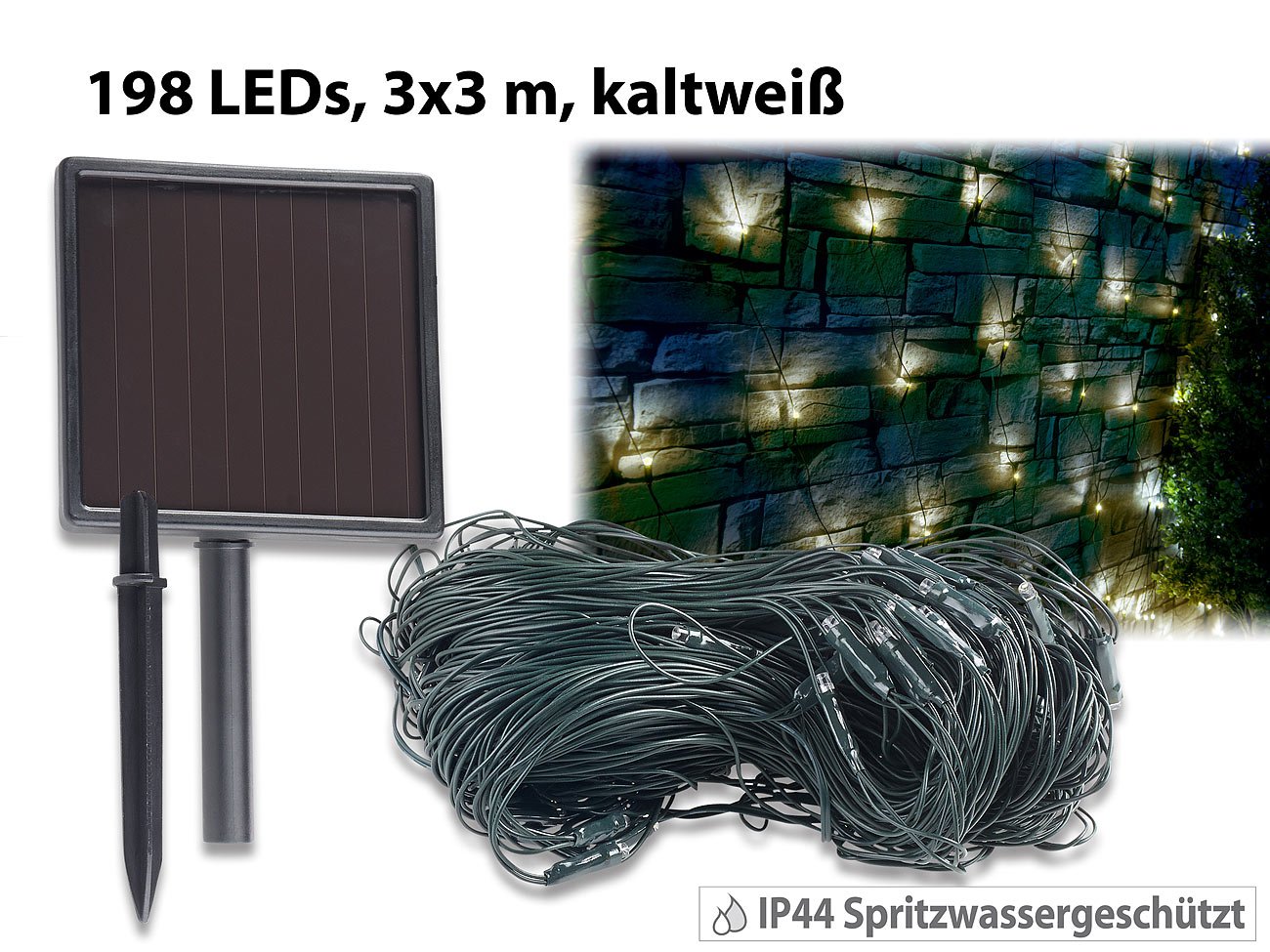 Lunartec Licht-Dekoration Solar-Lichternetz 198 LEDs 3x3 m kaltweiß