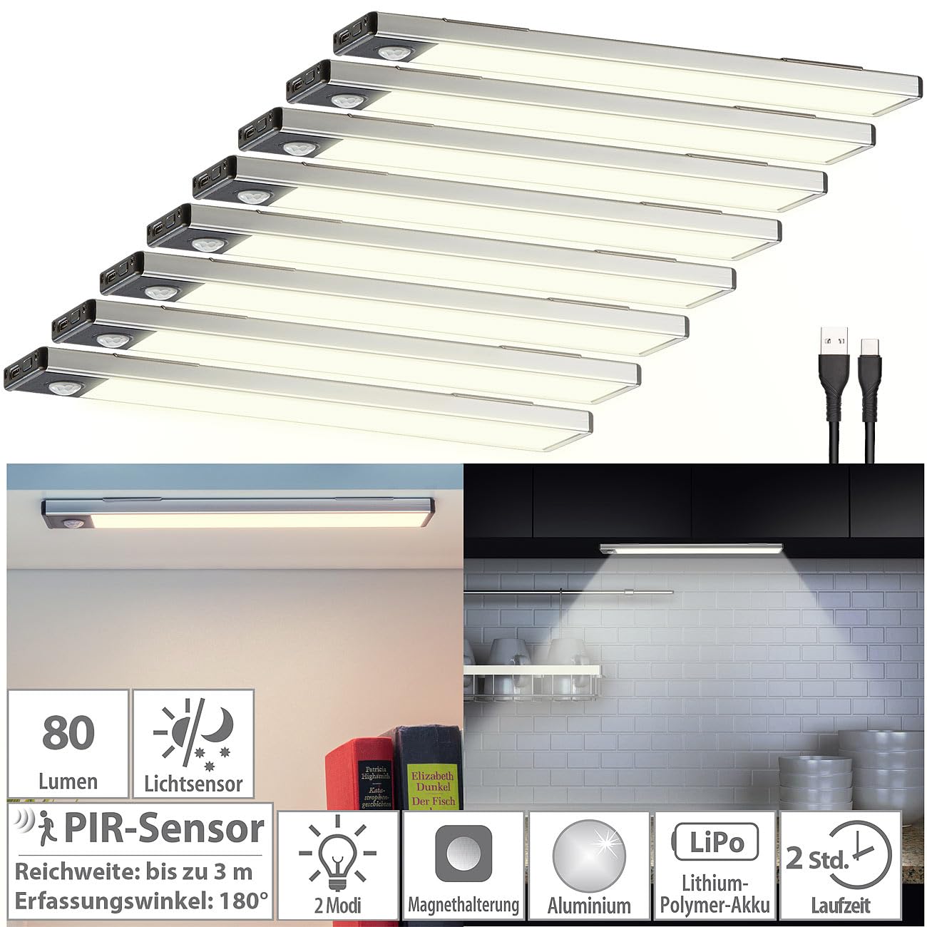 Lunartec Innenbeleuchtung 8er LED-Lichtleiste warmweiß Akku Sensor
