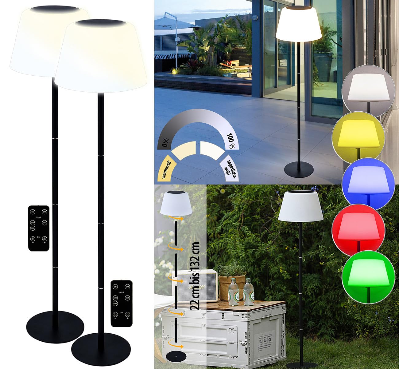 Lunartec Außenbeleuchtung Solar-Tischlampe RGB 2er-Set 400 lm