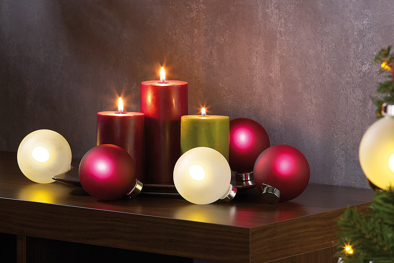 Lunartec Licht-Dekoration Weihnachtskugeln Glas weiß 6 Stück LED