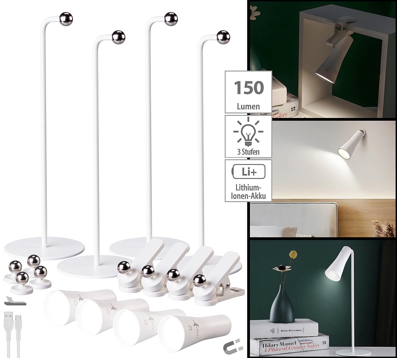 Lunartec Taschenlampen 4in1 Tischlampe weiß 4er-Set 150 lm