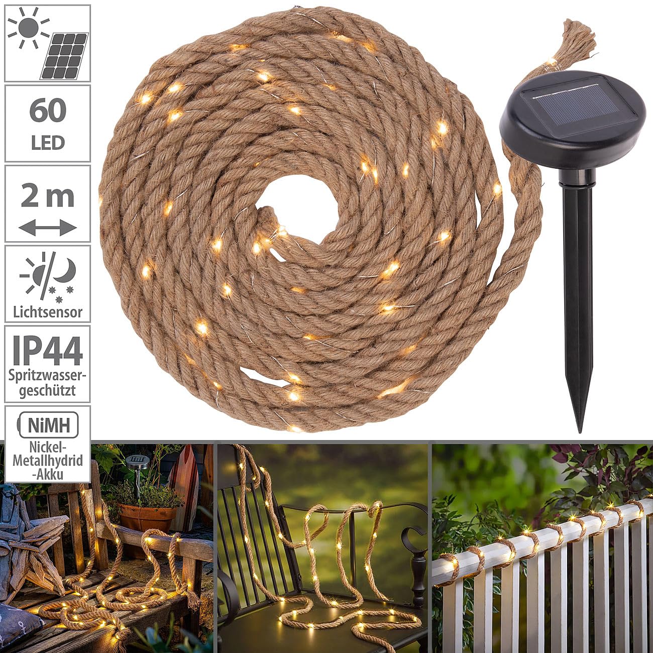 Lunartec Licht-Dekoration Solar Seil Lichterkette 2 m 60 LED