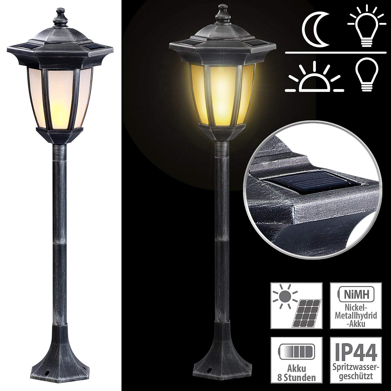 Lunartec Außenbeleuchtung Gartenlaterne Solar 64 cm Flammeneffekt