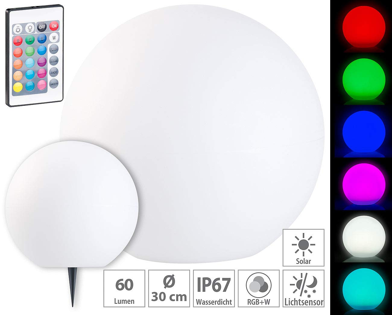 Lunartec Licht-Dekoration Solar-Leuchtkugel 30cm RGBW mit Fernbedienung