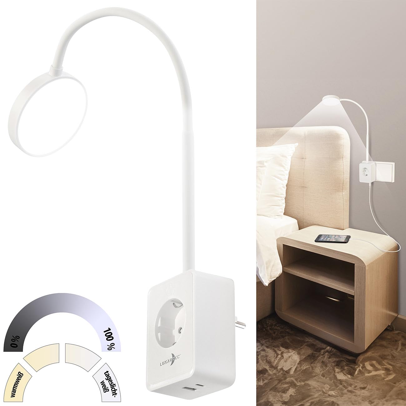 Lunartec Innenbeleuchtung Steckdosenlampe weiß dimmbar USB