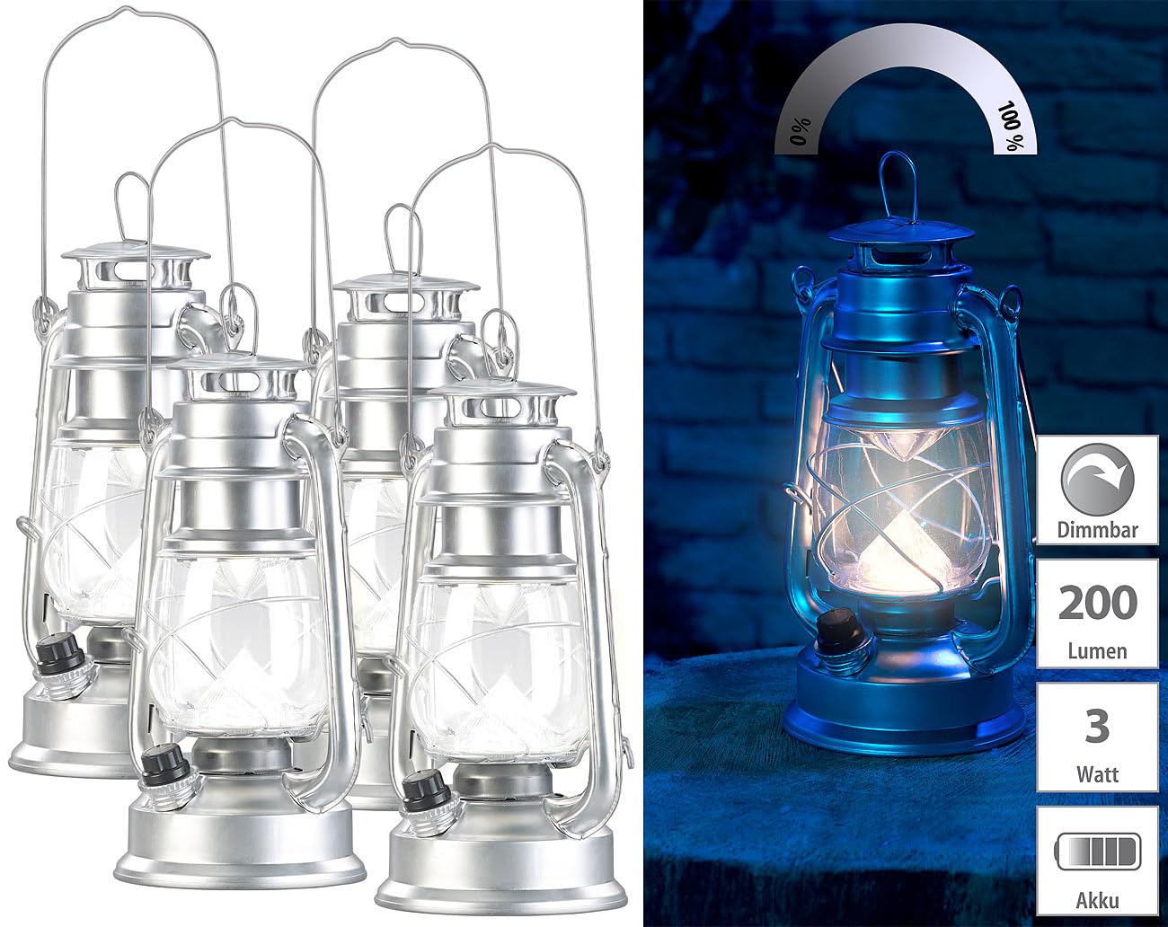 Lunartec Taschenlampen LED-Sturmlaterne Akku 4er-Set silbern tageslichtweiß