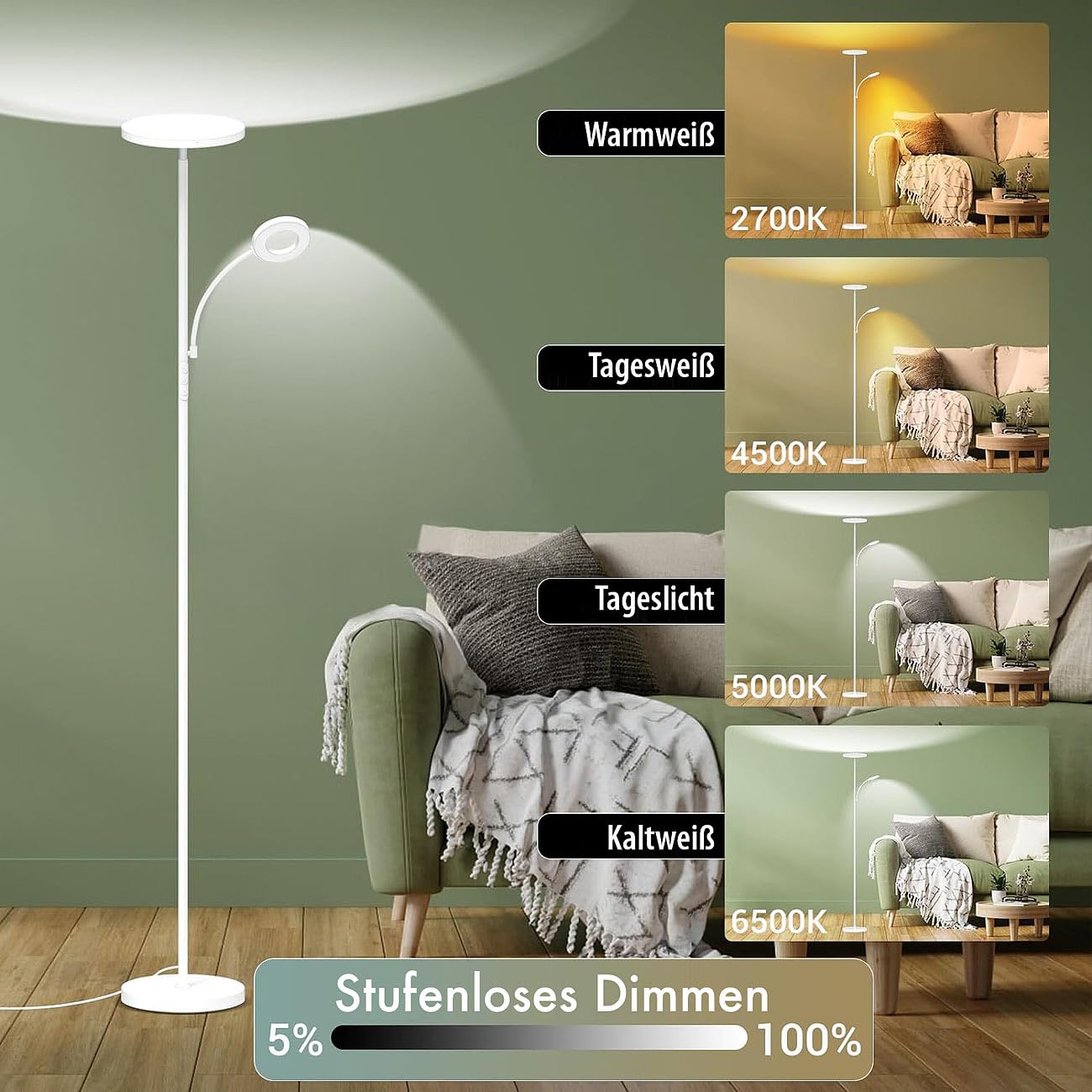 Lunartec Innenbeleuchtung LED-Stehlampe weiß 175 cm dimmbar