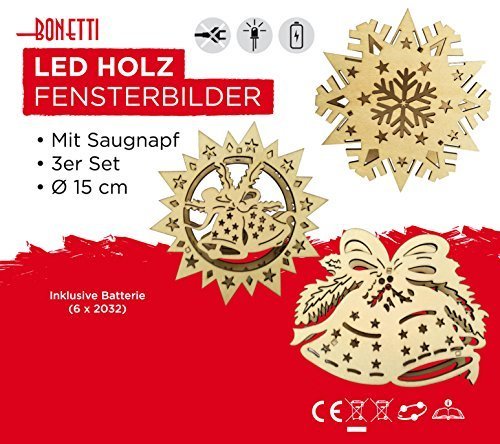 Bonetti Fensterbilder 3er Set LED Holz Saugnapf Echtholz