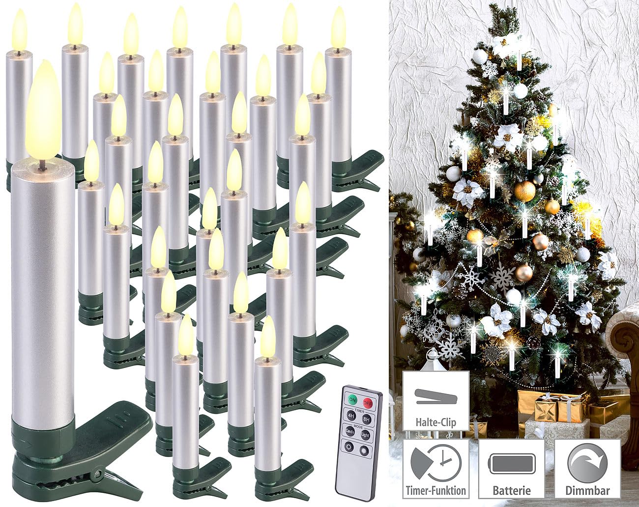 Lunartec Candles LED-Weihnachtsbaumkerzen 30er-Set silber