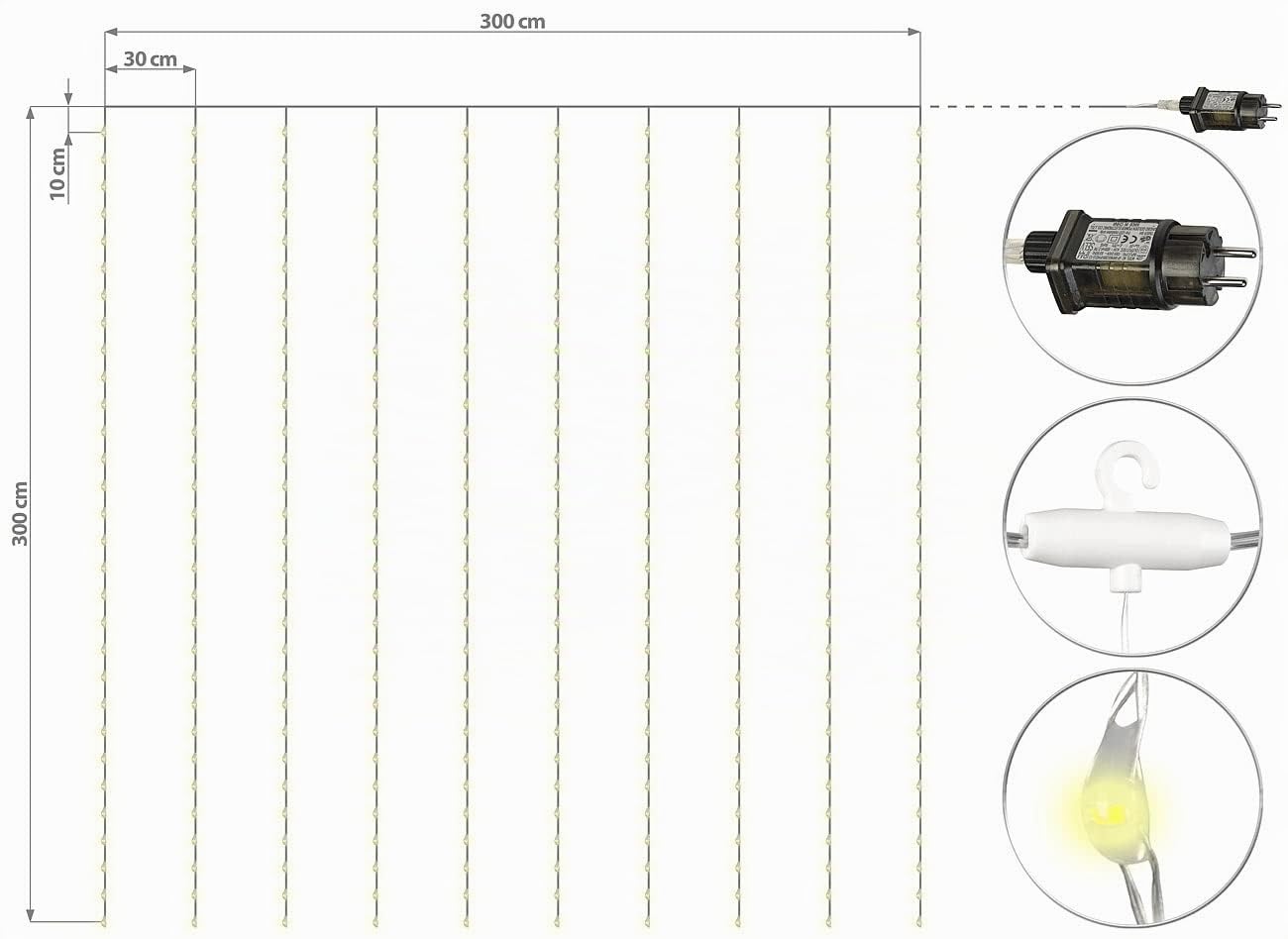 Lunartec Licht-Dekoration Lichtervorhang 3x3m warmweiß 300 LED