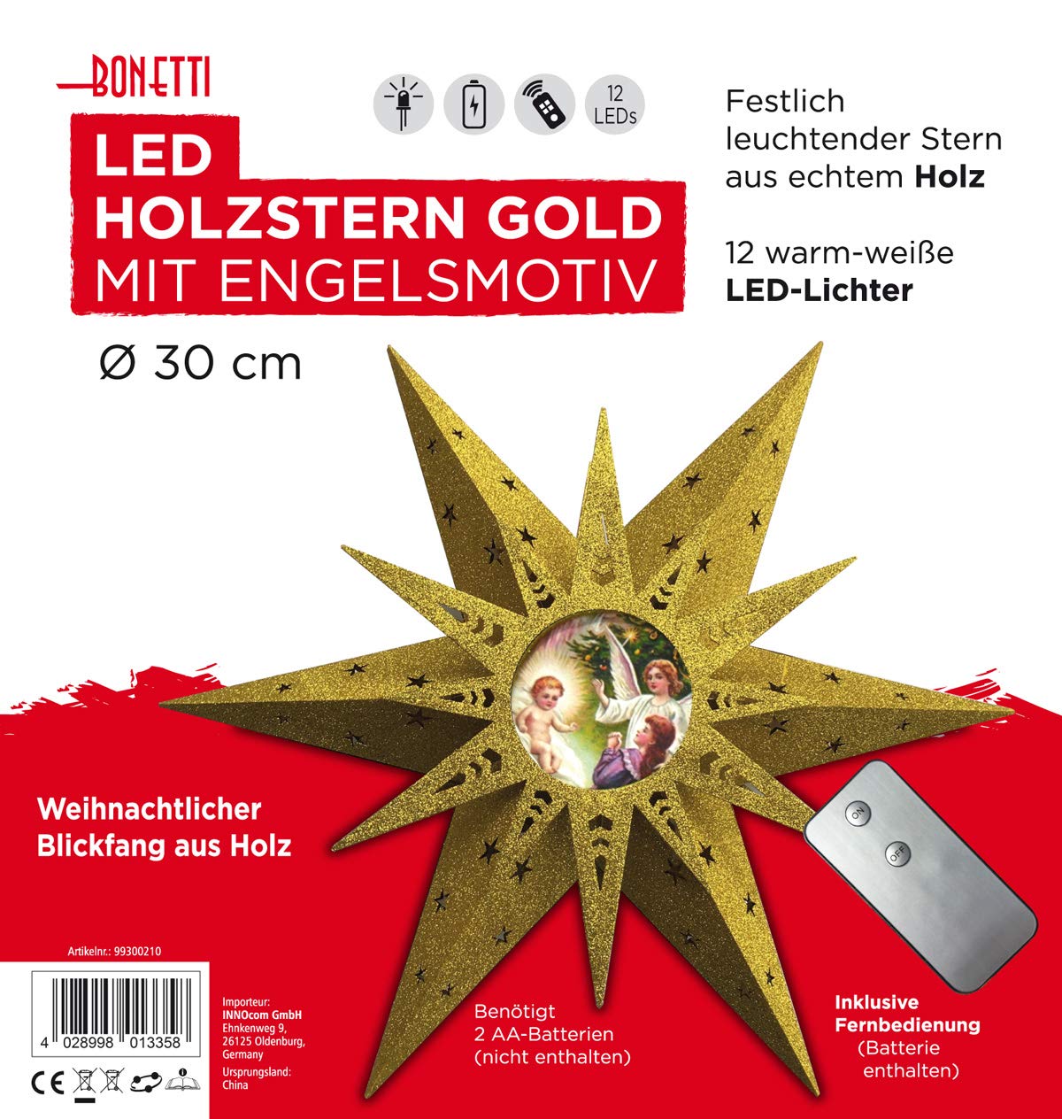Bonetti Holzstern LED 30cm gold Glitzer Engel warmweiß