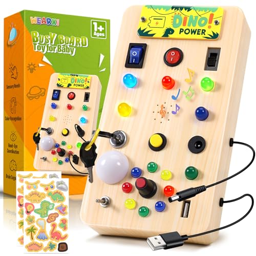 WEARXI Busy Board Holzoptik LED Dinosaurier Sound