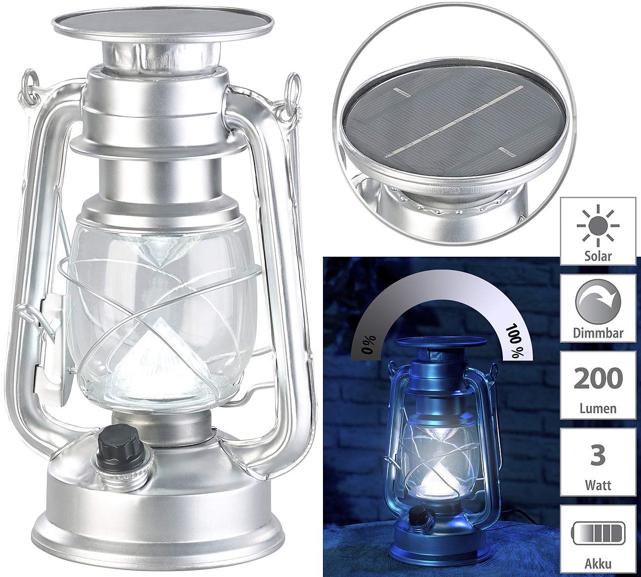 Lunartec Aussenbeleuchtung Solar-Laterne LED 200lm silbern 2er-Set