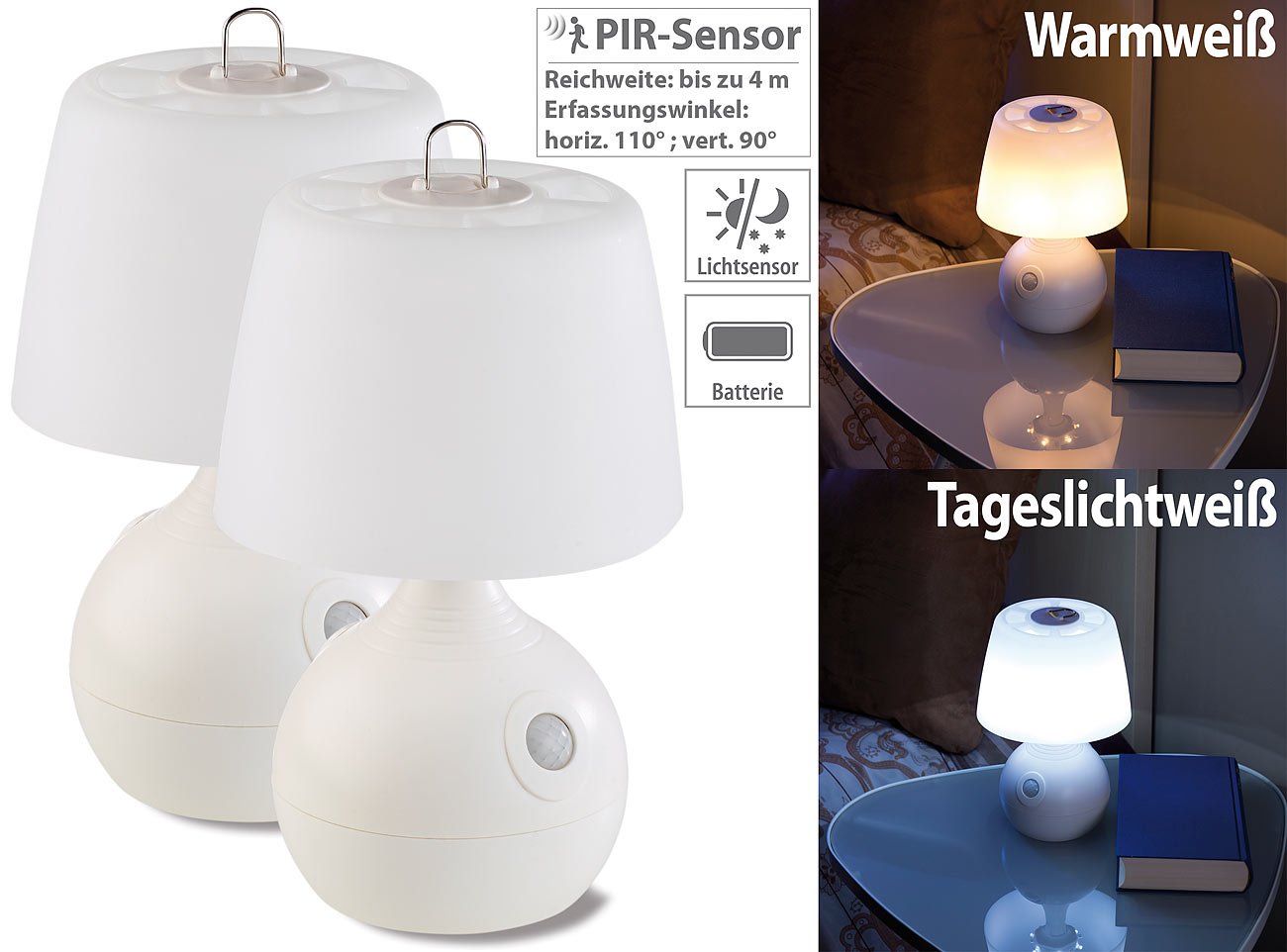 Lunartec Innenbeleuchtung LED-Tischlampe PIR-Sensor 2er-Set