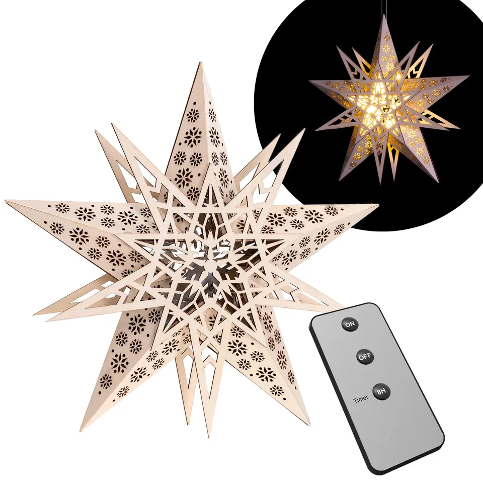 Bonetti Weihnachtsstern Holz 30 cm LED Stern Warmlicht Batterie