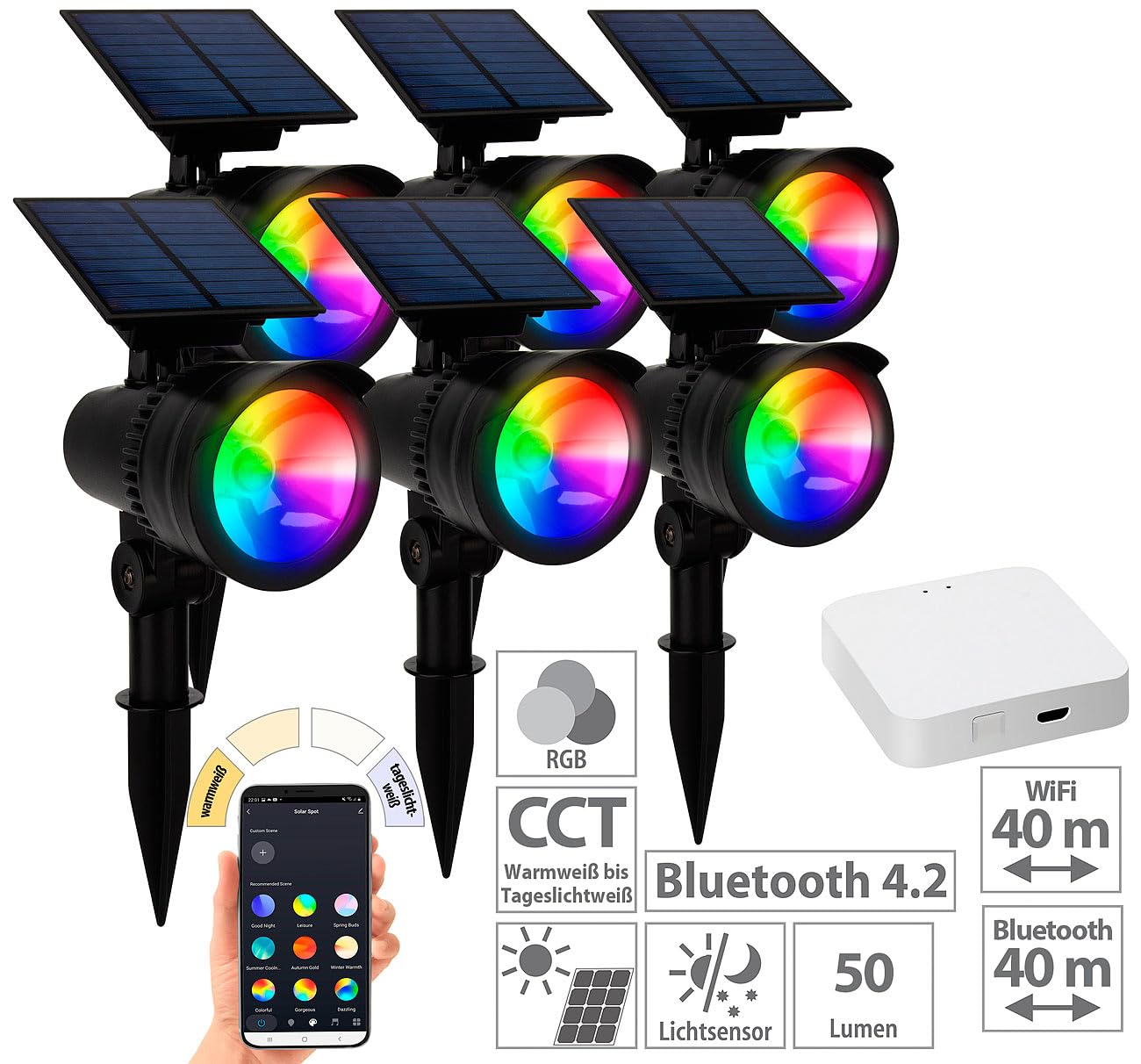 Lunartec Außenbeleuchtung Solar Erdspieß 6er-Set RGB-CCT App