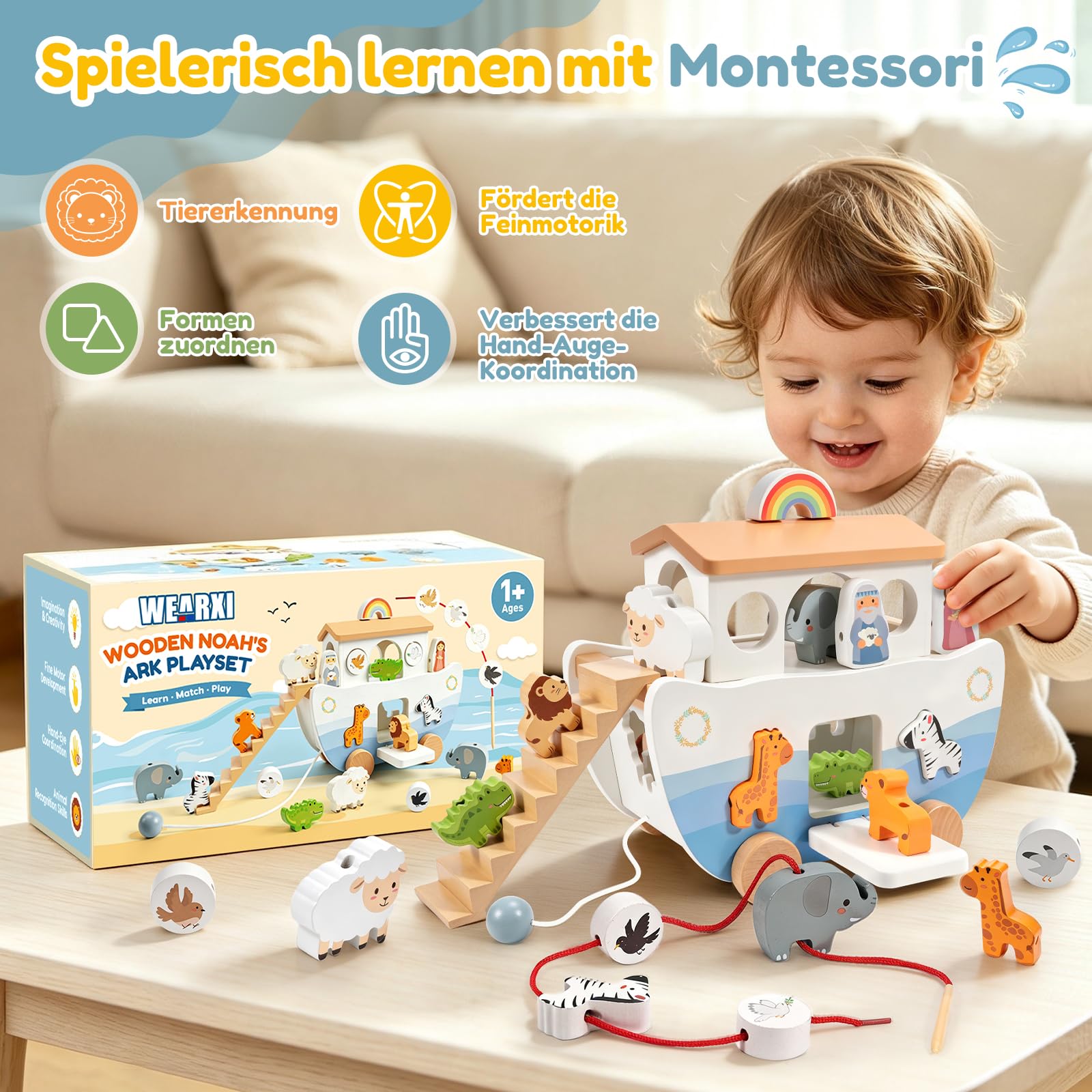 WEARXI Arche Noah Holz Spielzeug ab 1 Jahr Taufgeschenk Set