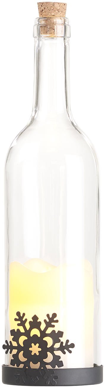 Lunartec Licht-Dekoration Deko-Glasflasche LED-Kerze Schneeflocke