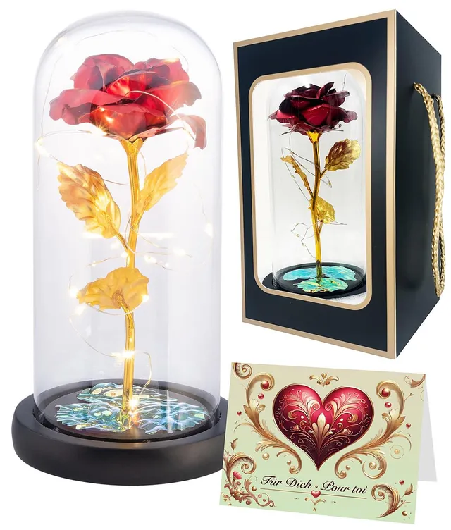 Lunartec Licht-Dekoration Goldene Rose unter Glas LED rot 21,5 cm