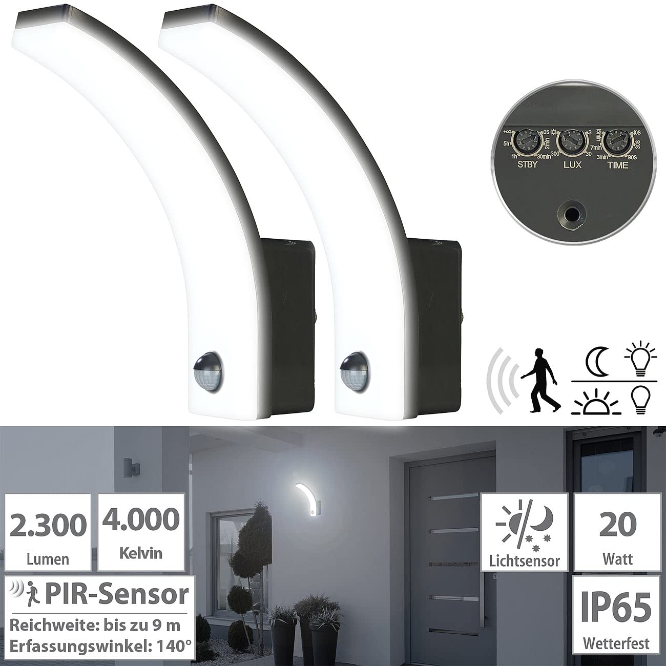 Lunartec Aussenbeleuchtung LED Wandleuchte PIR 20W schwarz 2er-Set