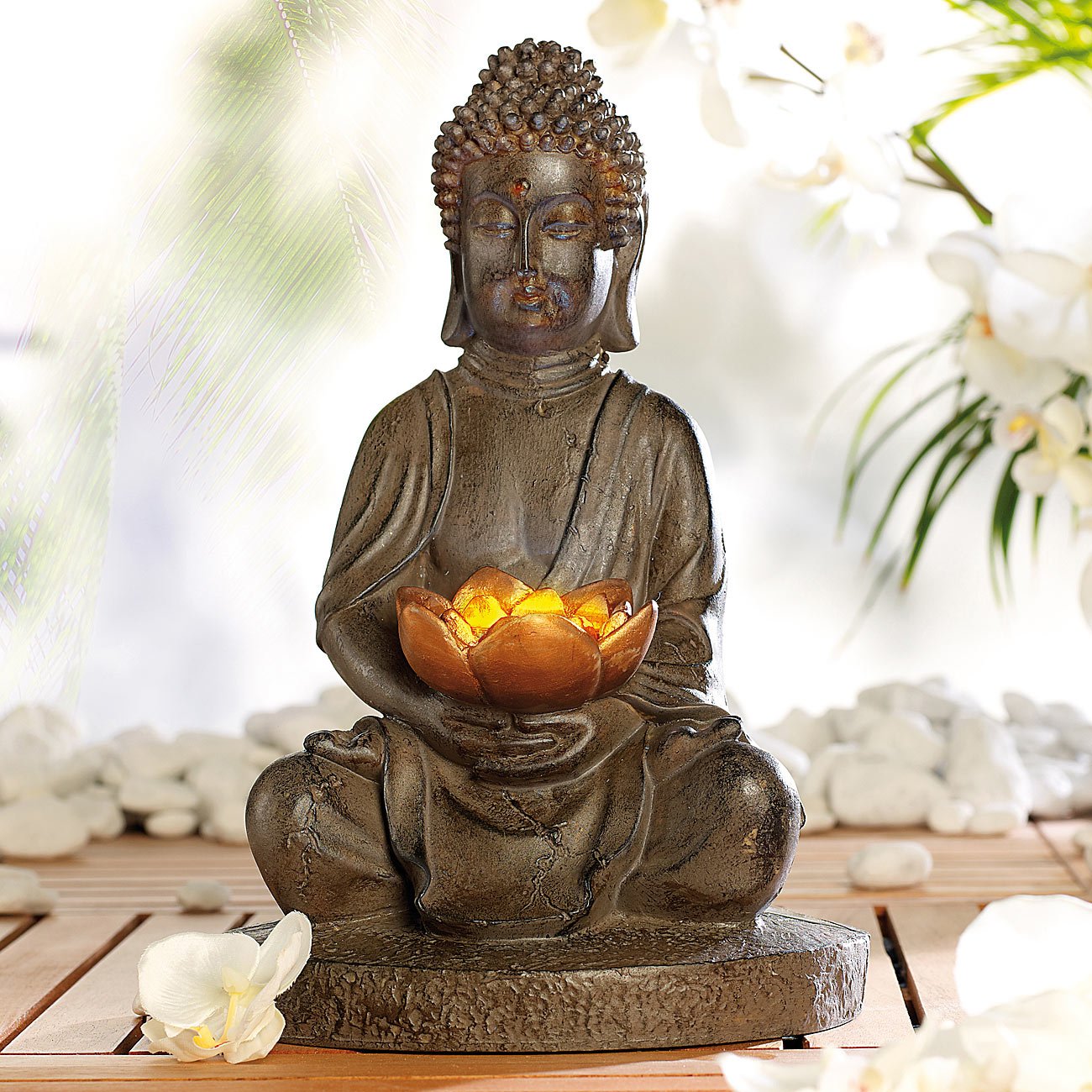 Lunartec Licht-Dekoration Solar-Buddha 28 cm Steinoptik bronze