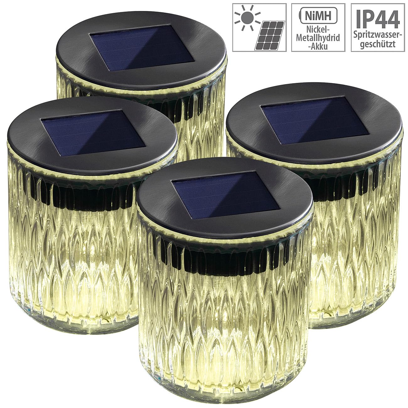 Lunartec Außenbeleuchtung Solar-Windlicht Echtglas 4er-Set