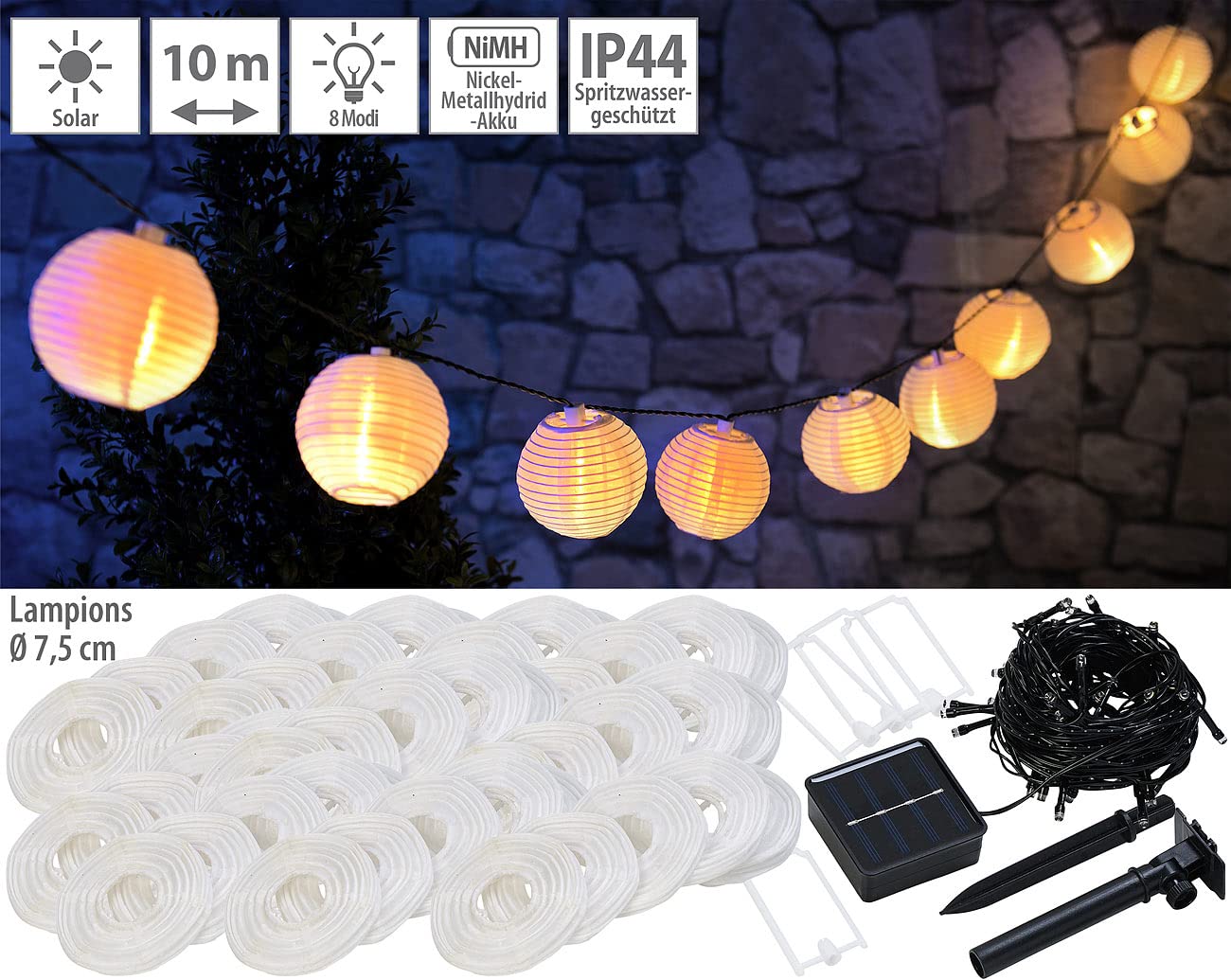 Lunartec Licht-Dekoration Solar-Lichterkette 50 Lampions 10 m warmweiß