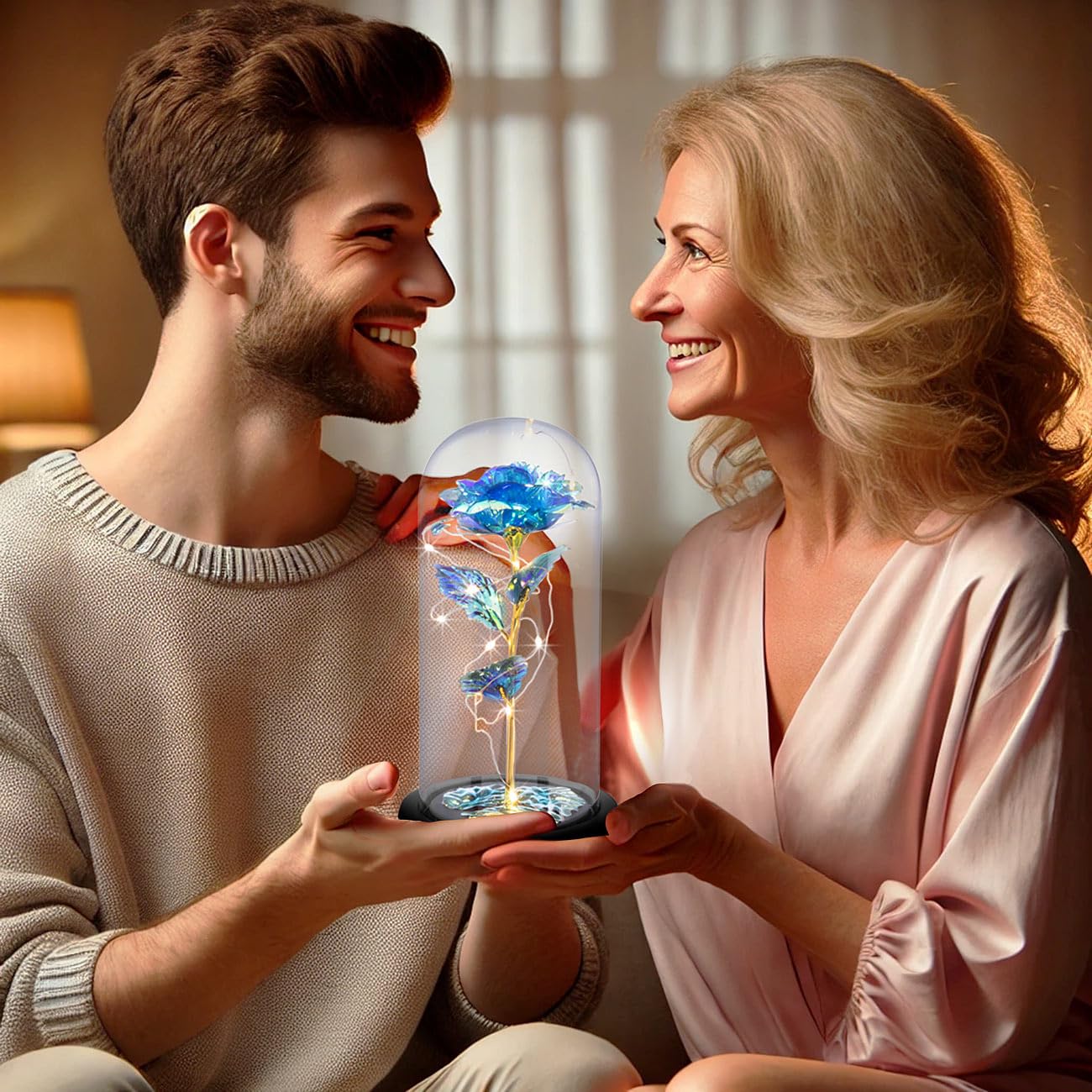 Lunartec Licht-Dekoration LED-Rose Glas kristallblau 21,5 cm