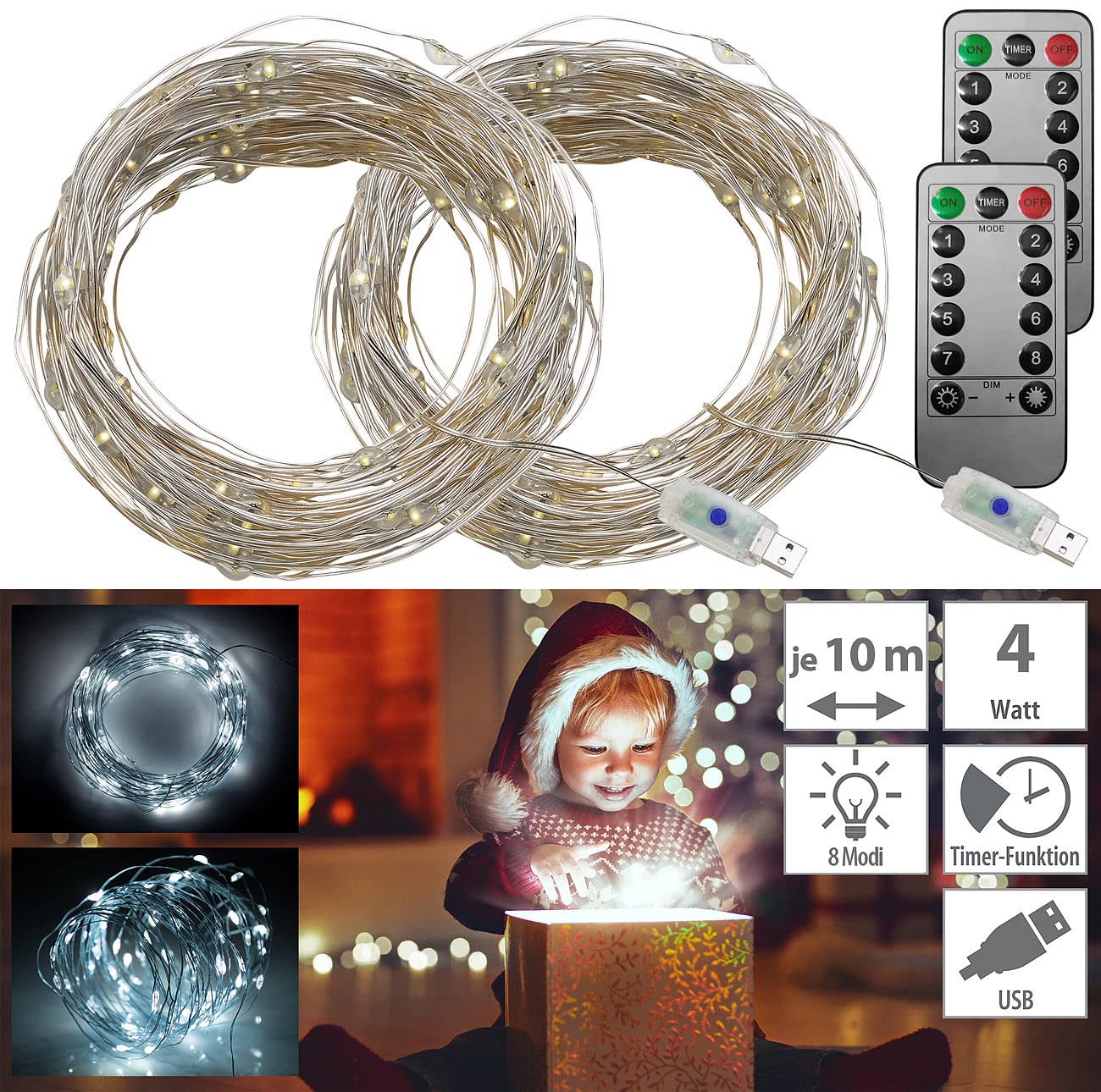 Lunartec Licht-Dekoration USB-LED-Lichterdraht 100 LEDs 10 m tageslichtweiß 2er-Set