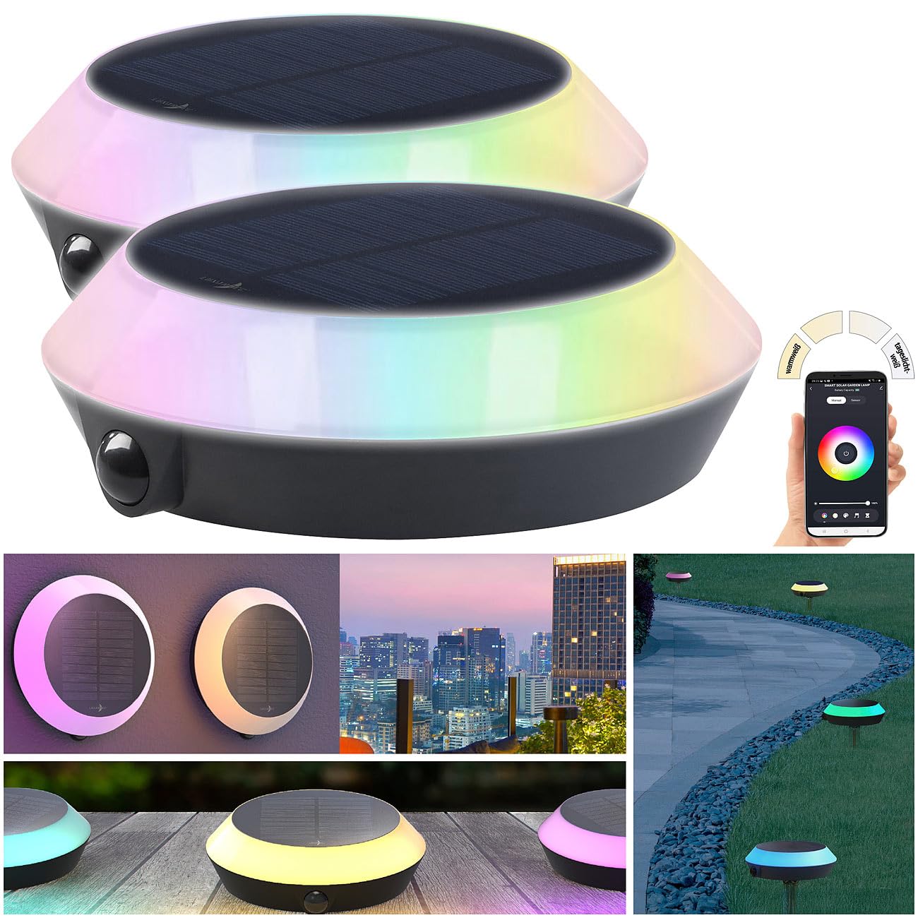 Lunartec Außenbeleuchtung Solarleuchte 2er-Set RGB-CCT mit App