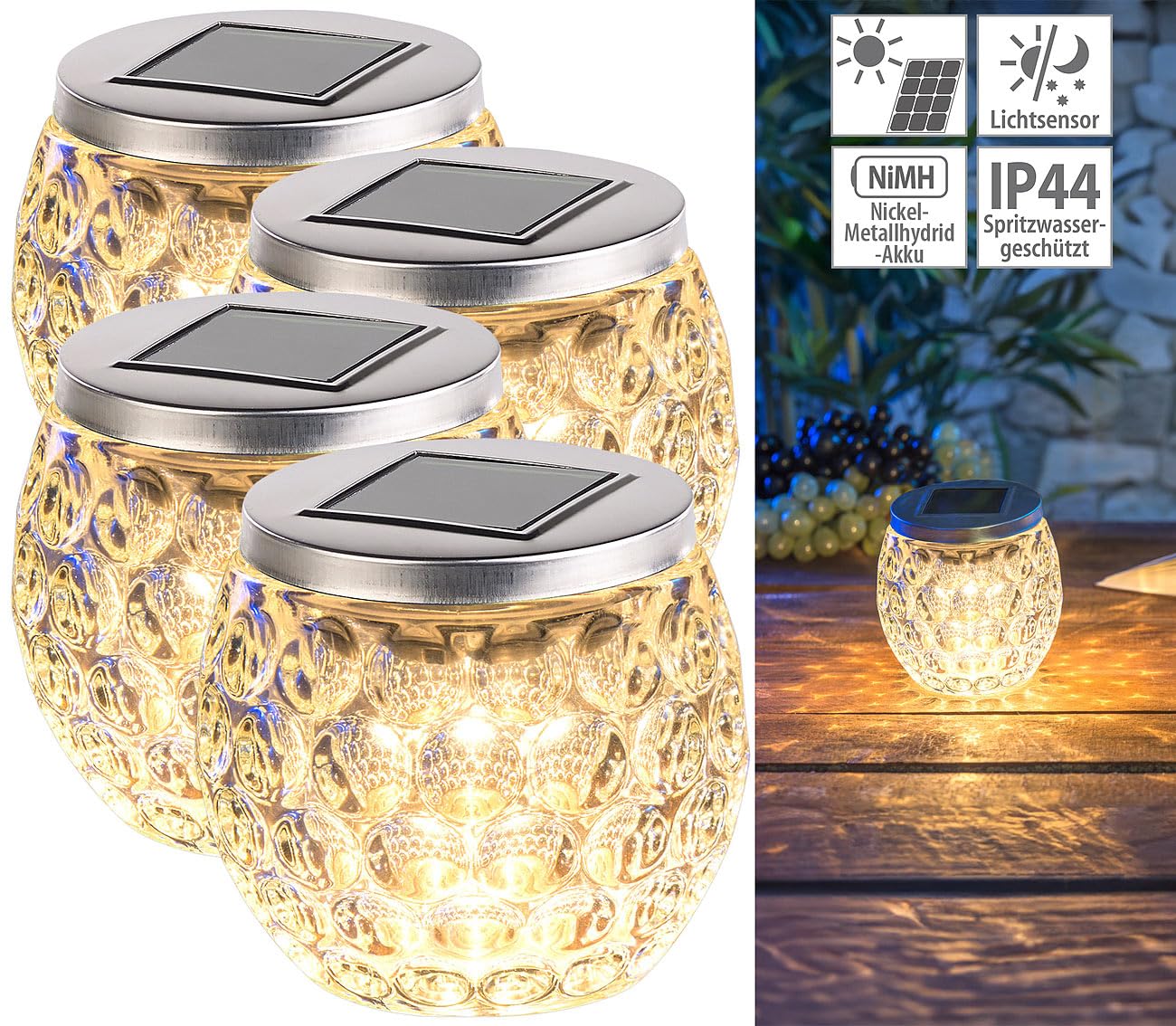 Lunartec Layna Solar-Windlicht Glas 4er-Set warmweiß