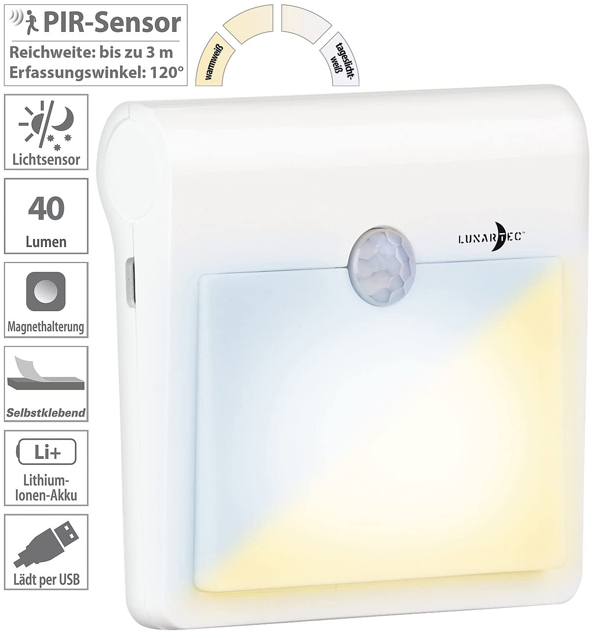 Lunartec Akku LED-Nachtlicht Bewegungsmelder warmweiß