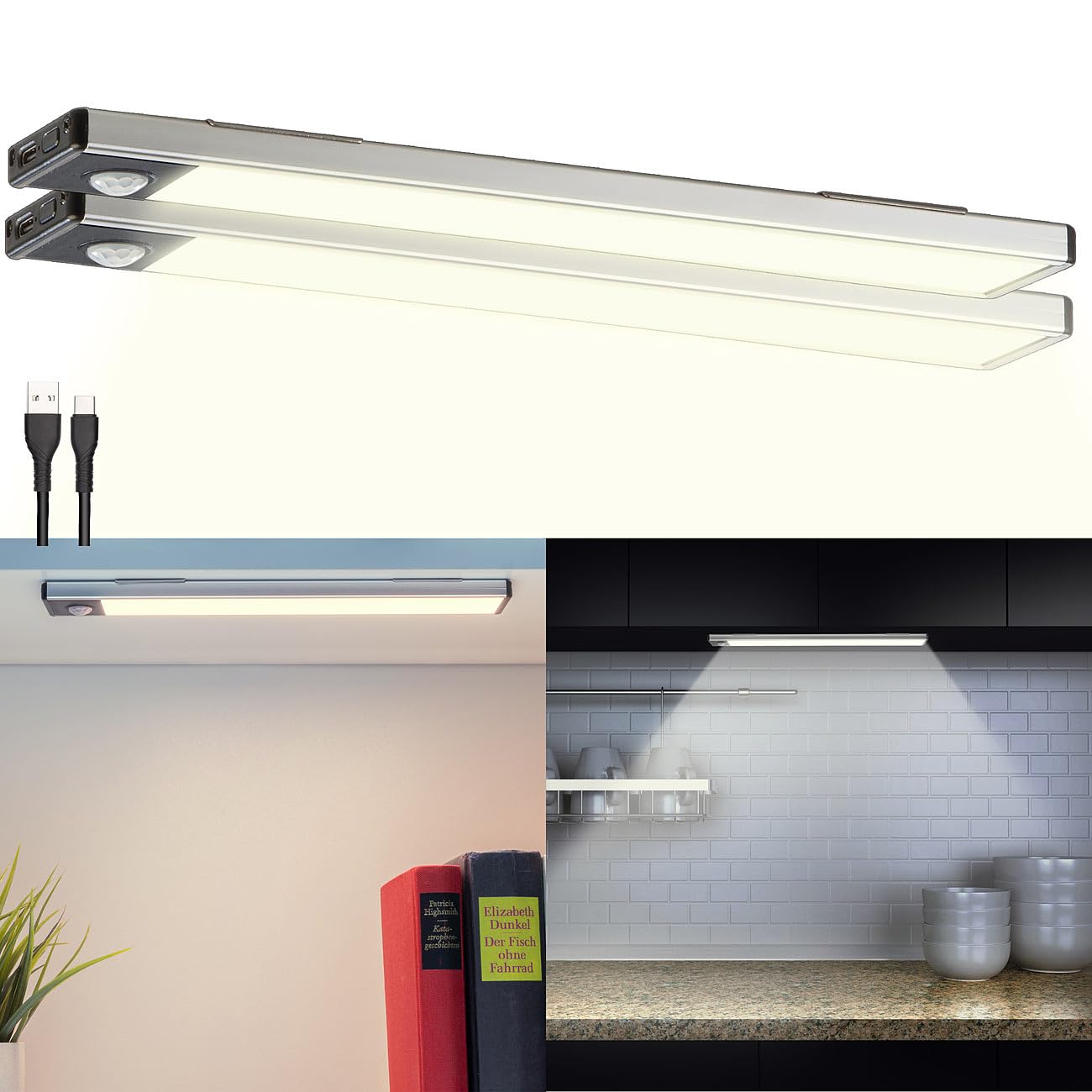 Lunartec Innenbeleuchtung LED-Lichtleiste warmweiß 2er-Set mit Sensor