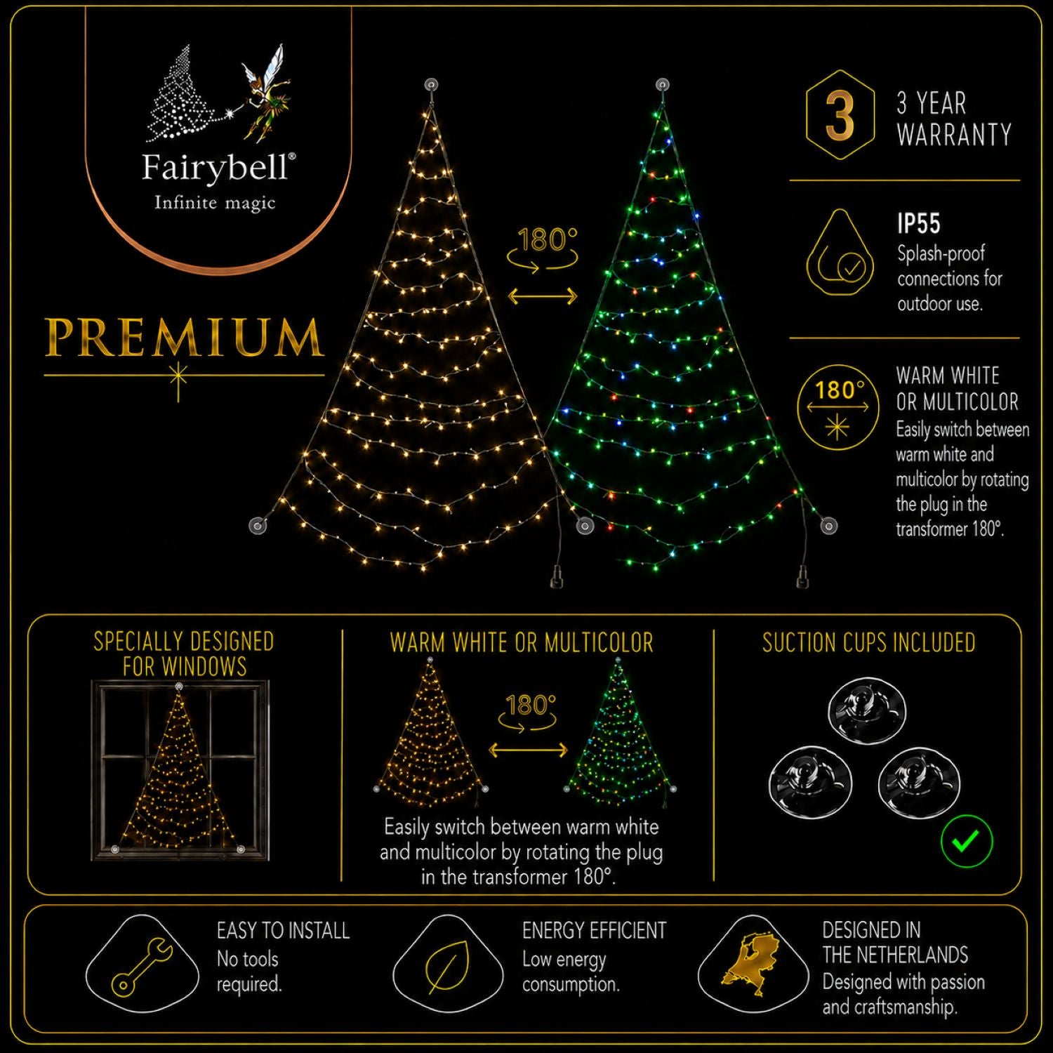Fairybell Premium Fenster-Weihnachtsbaum 1,25m 64 LED Switch
