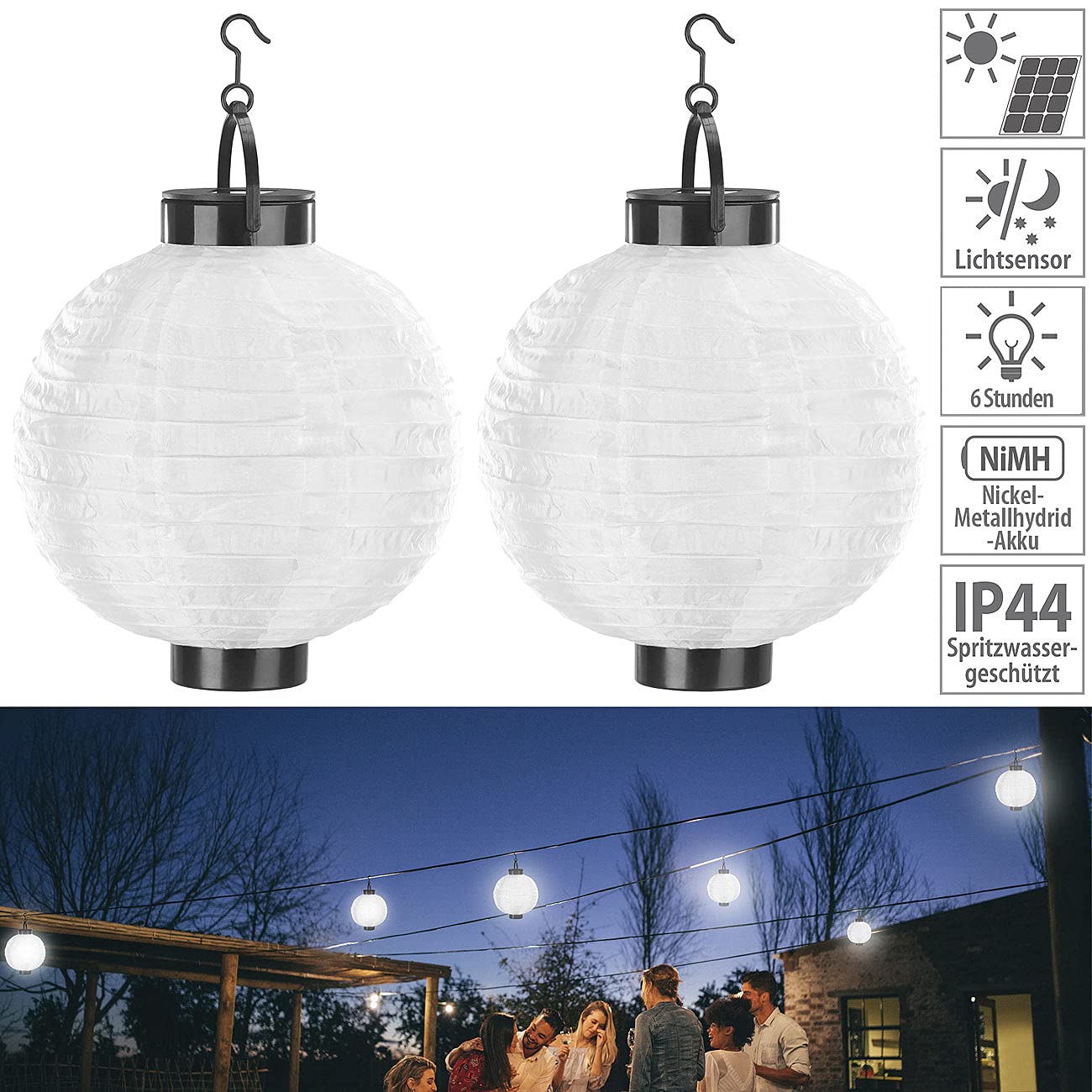 Lunartec Licht-Dekoration Solar-Lampion weiß warmweiß 2er-Set 20cm