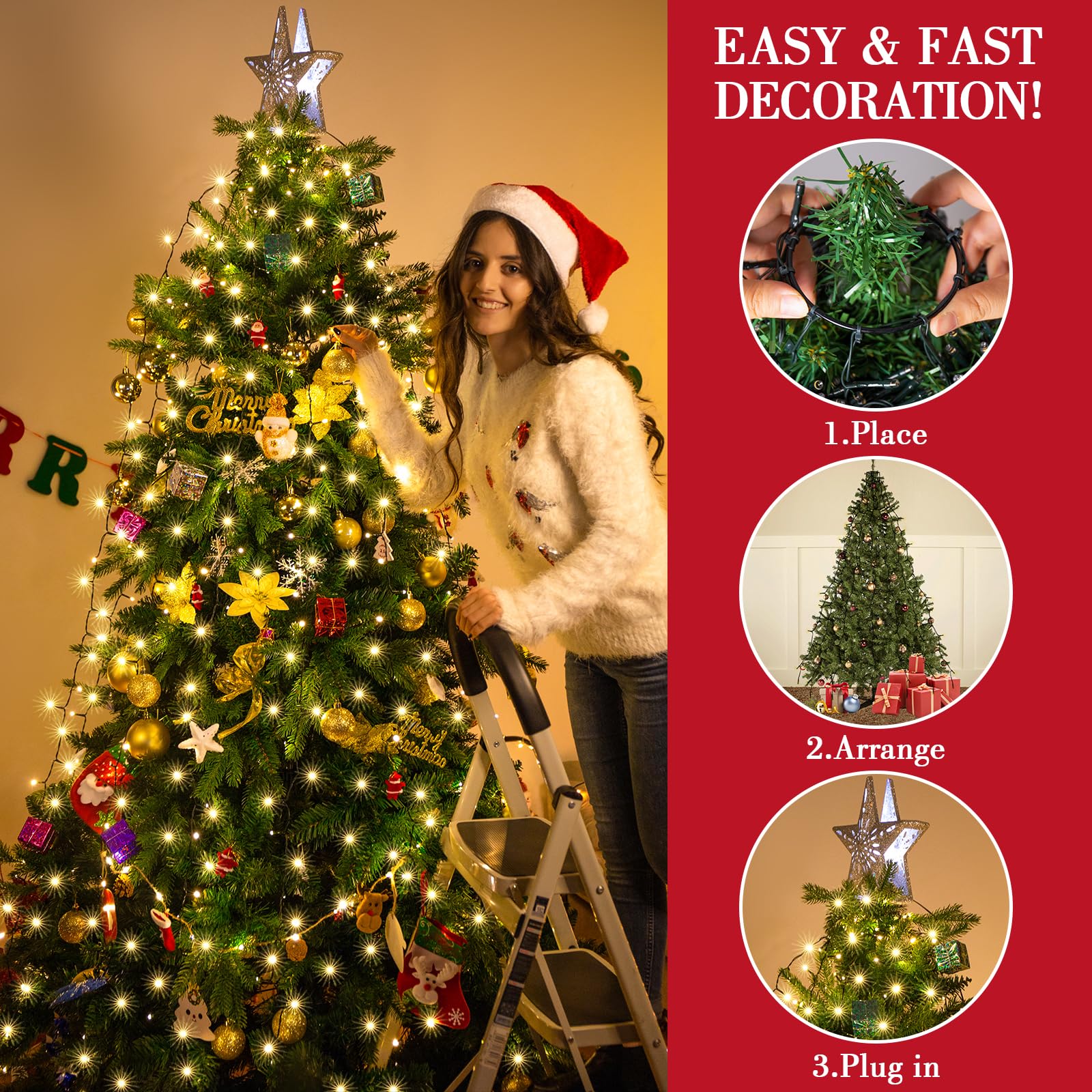 elktry Weihnachtsbaum Lichterkette Ring 400 LED warmweiß 2M