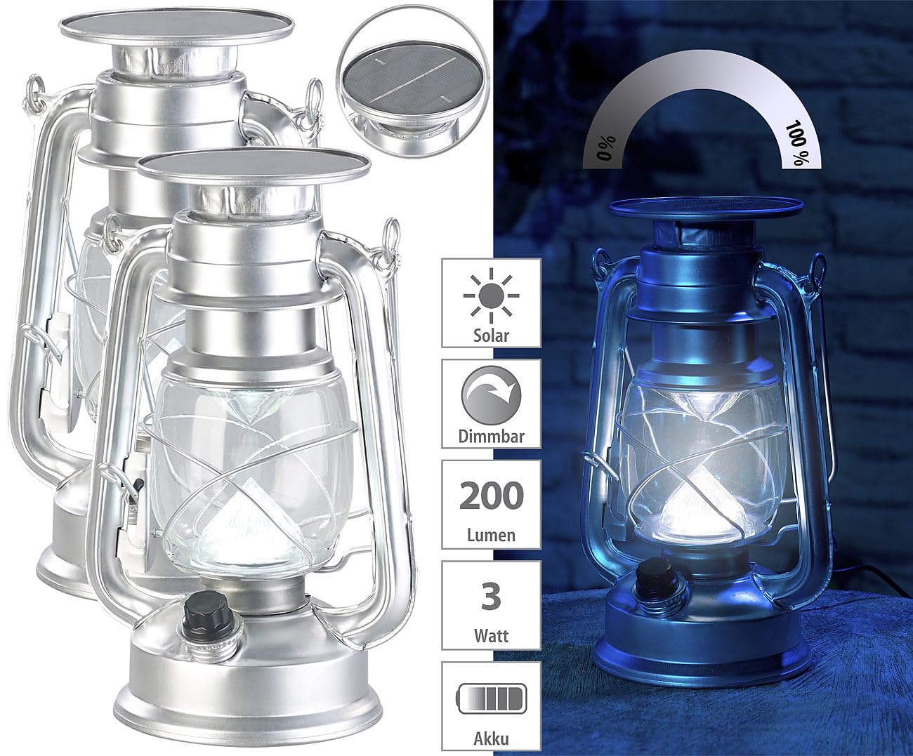 Lunartec Aussenbeleuchtung Solar-Laterne LED 200lm silbern 2er-Set