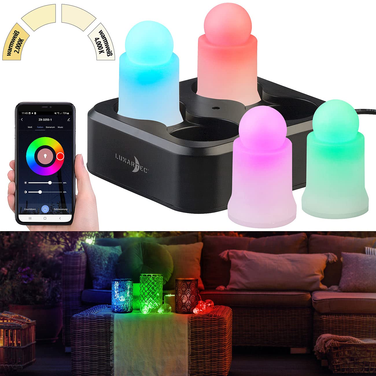 Lunartec LED Kerzen Akku RGBWW 4er-Set mit Ladestation App