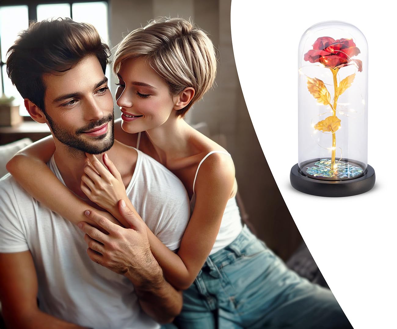 Lunartec Licht-Dekoration Goldene Rose unter Glas LED rot 21,5 cm