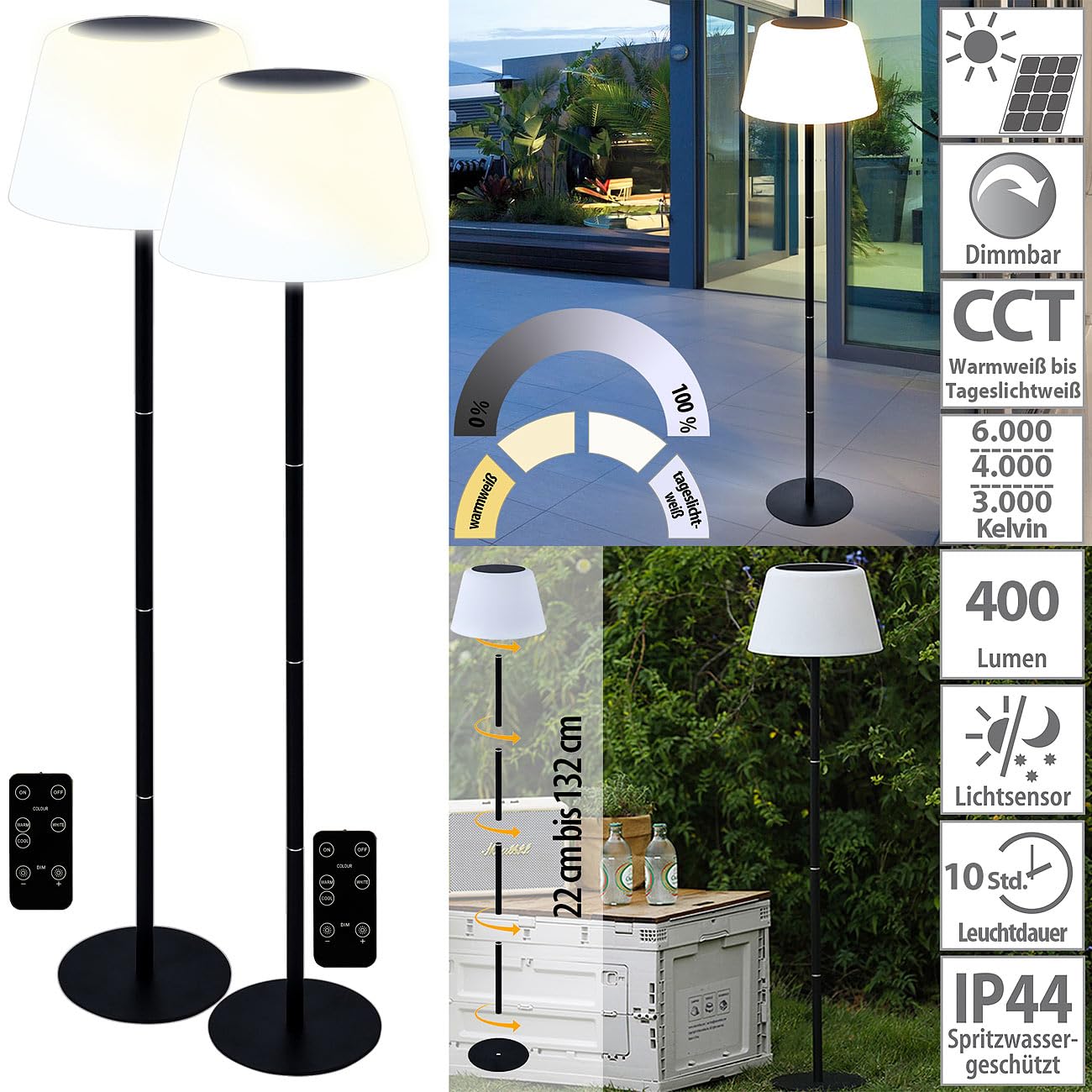 Lunartec Außenbeleuchtung Solar-Stehleuchten 2er-Set CCT 400 lm