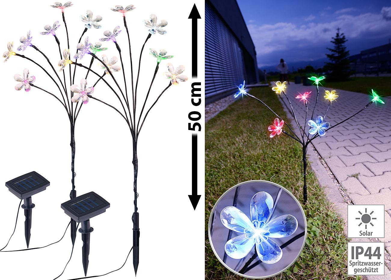 Lunartec Solar-Lichtersträucher 2er-Set 8 Blüten 50 cm