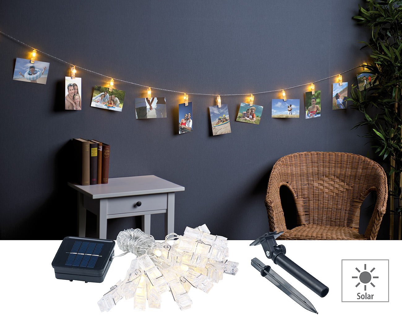 Lunartec Licht-Dekoration Foto-Clips-Lichterkette Solar 10 m 40er