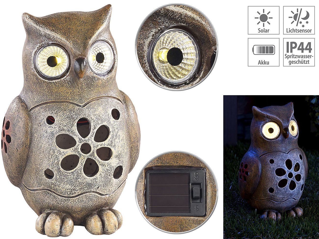 Lunartec Licht-Dekoration Deko-Eule Solar 16 cm LED-Augen