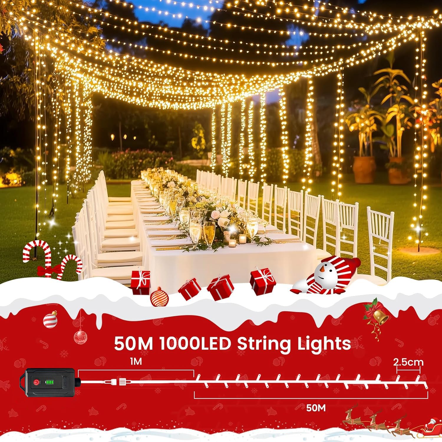elktry Lichterkette 50 m 1000 LED warmweiß akkubetrieben