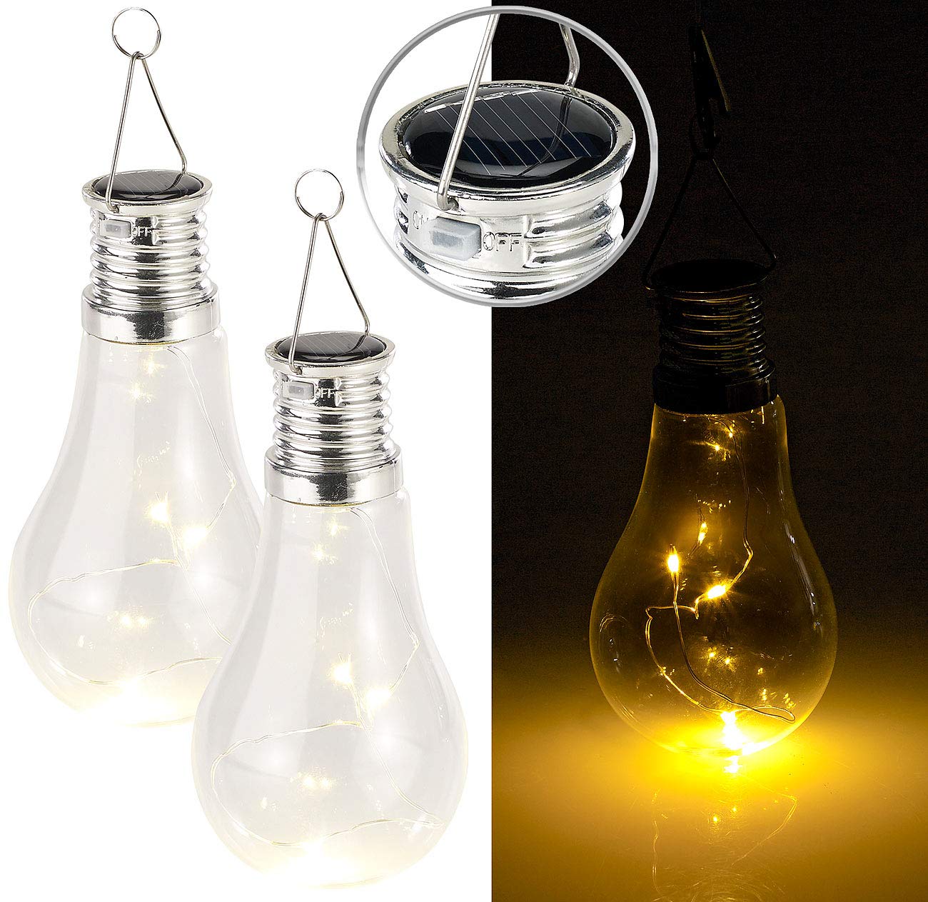 Lunartec Leuchtmittel Solar-Glühbirne warmweiß 2er-Set mit Haken