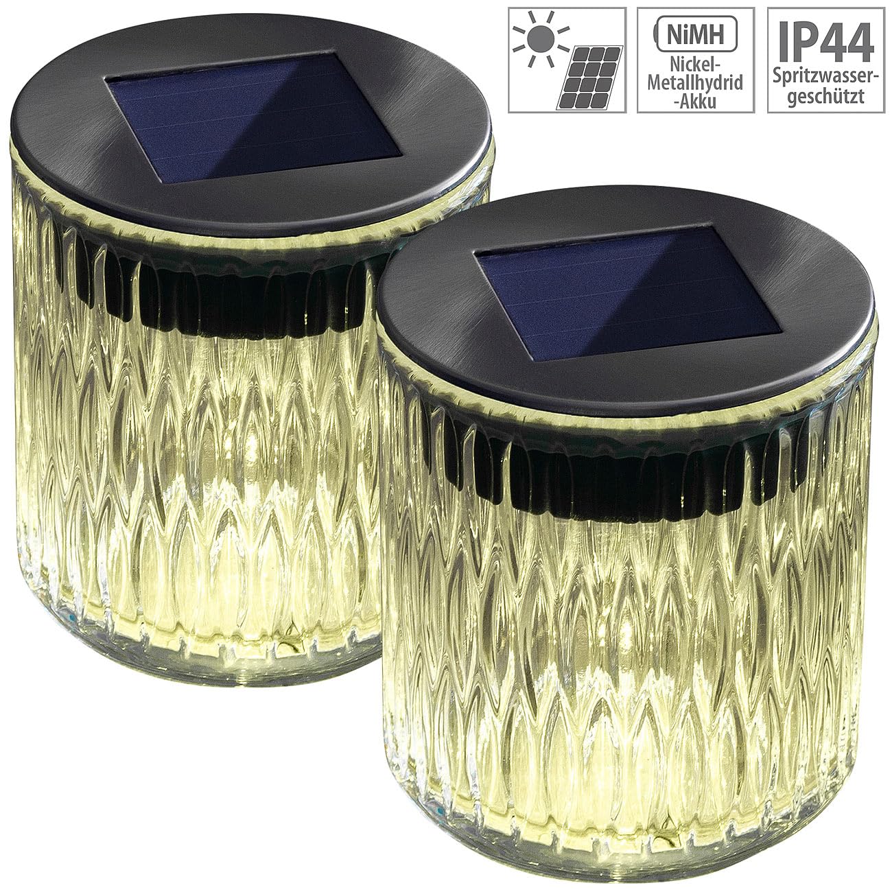 Lunartec Außenbeleuchtung Solar-Windlicht Echtglas warmweiß 2er-Set