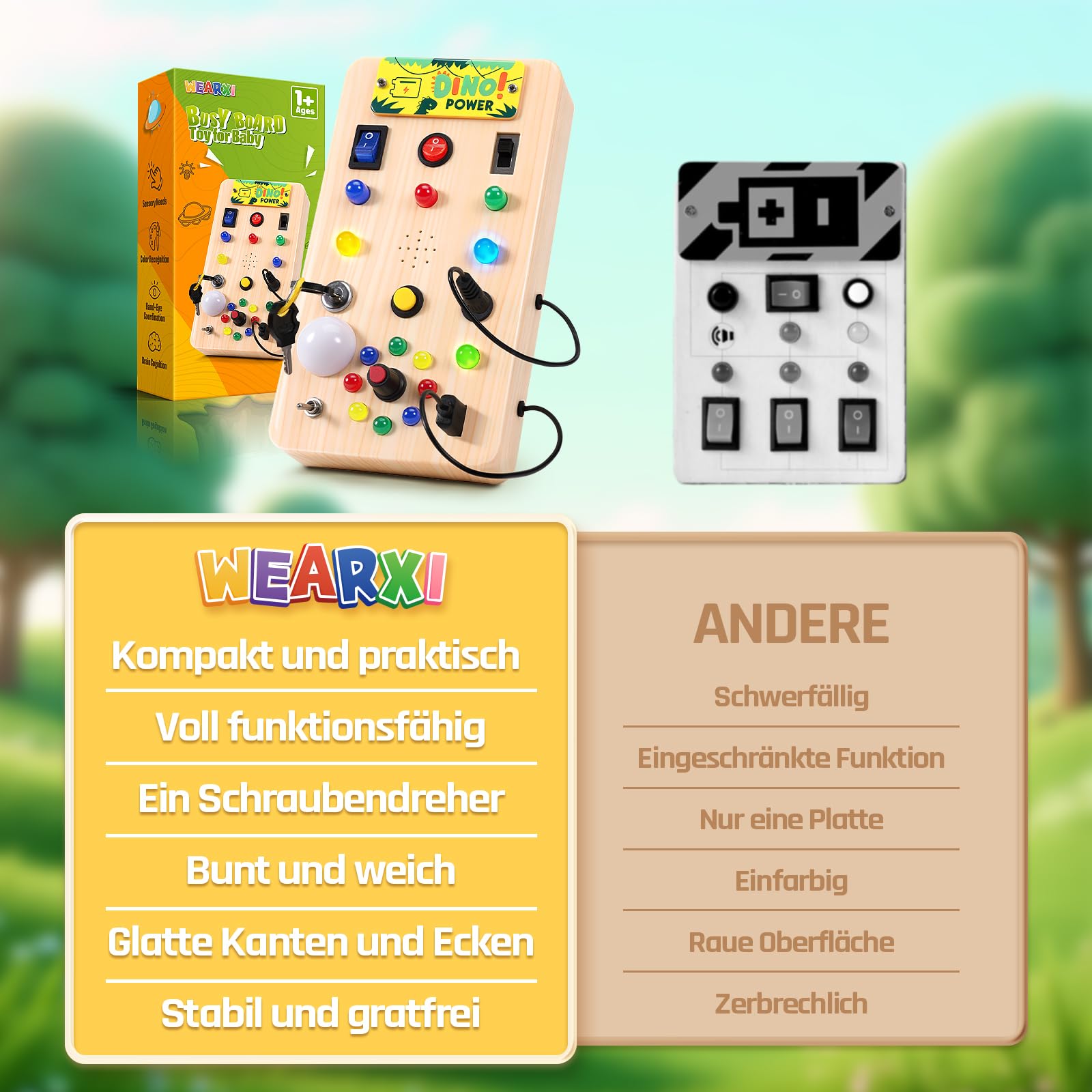WEARXI Busy Board Holzoptik LED Dinosaurier Sound
