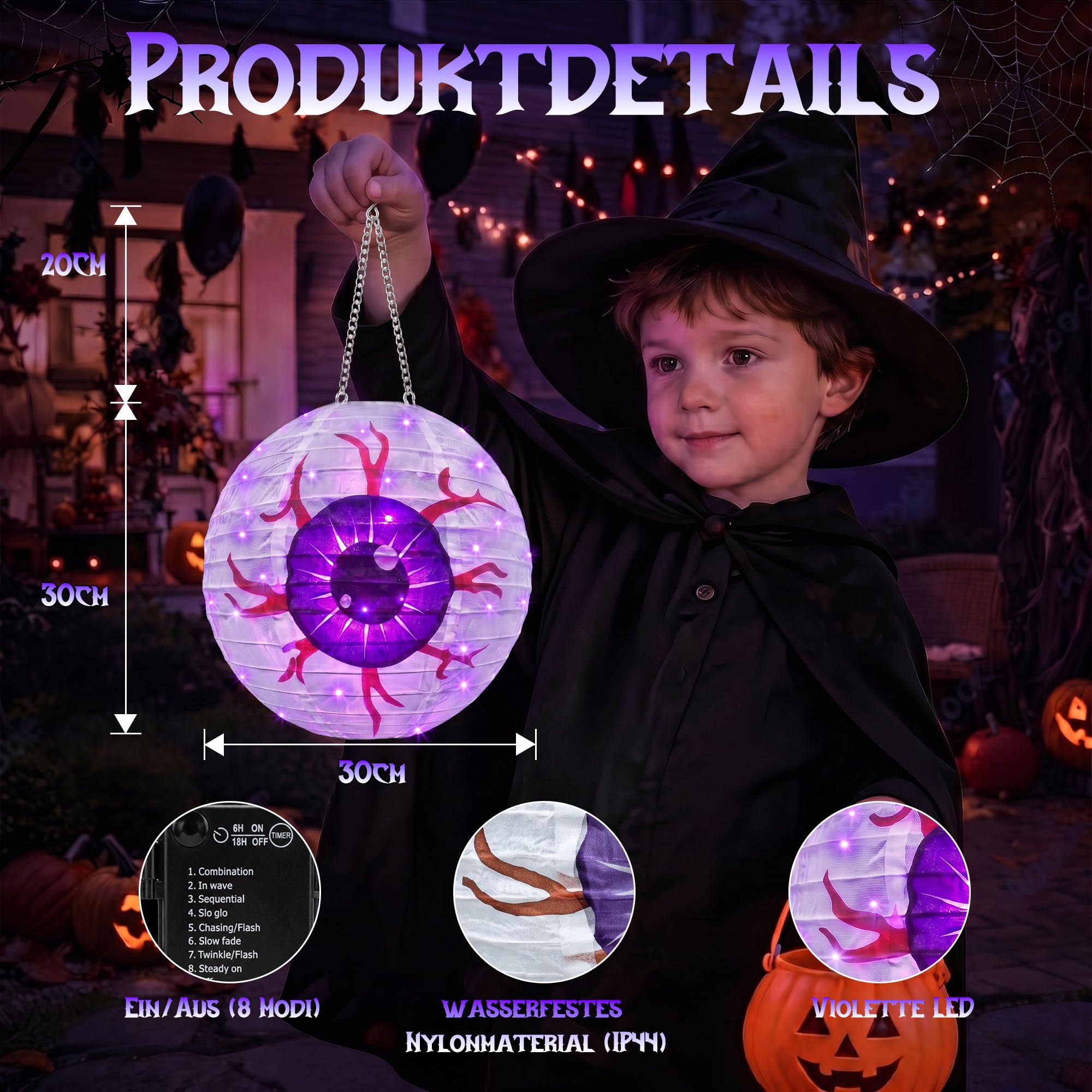 Qedertek Lighting Halloween Laterne Lila 40 LED Batterie Timer